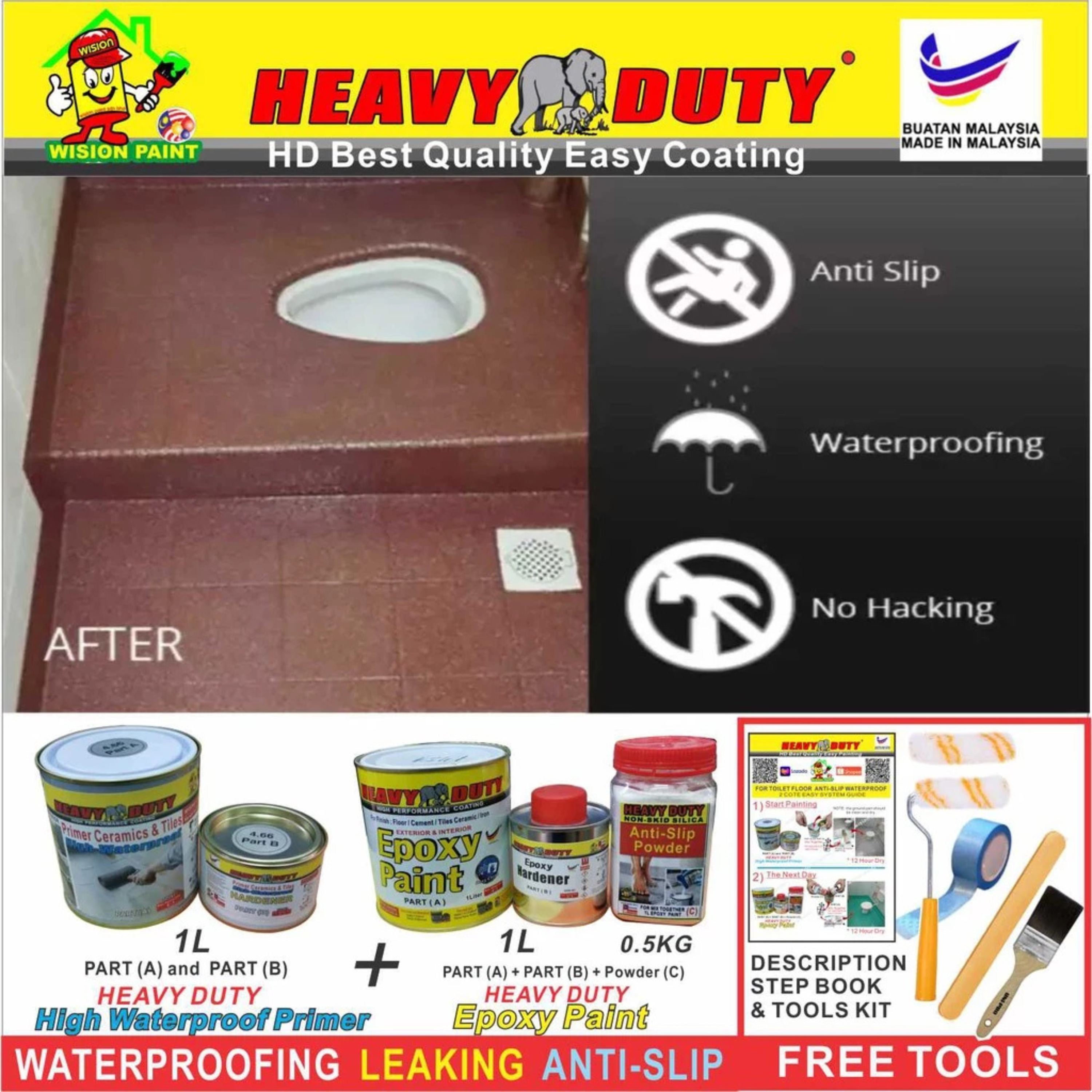 FULL SET (HEAVY DUTY BRAND) Floor Coating (Free Paint Tool Set) 1L Tile Primer + 1L Epoxy Colour + 0.5kg Non-skid Silic