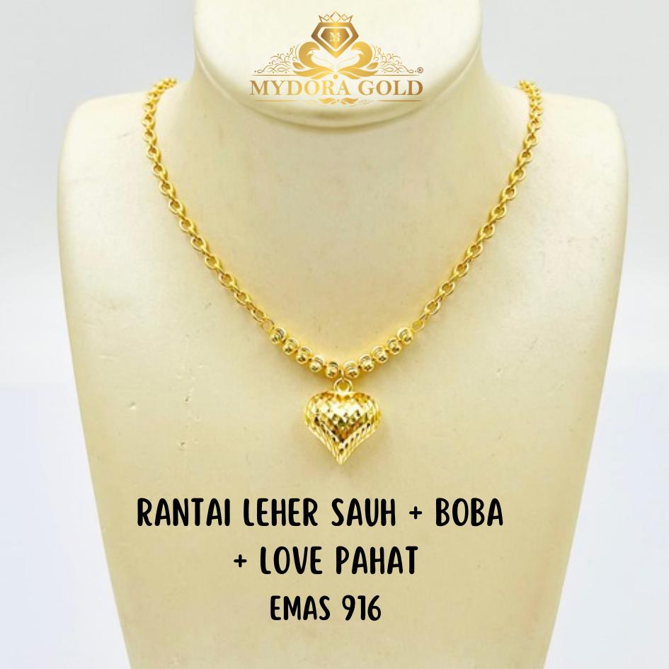 MYDORA Rantai Leher Sauh + Boba + Love Pahat l EMAS 916/22K
