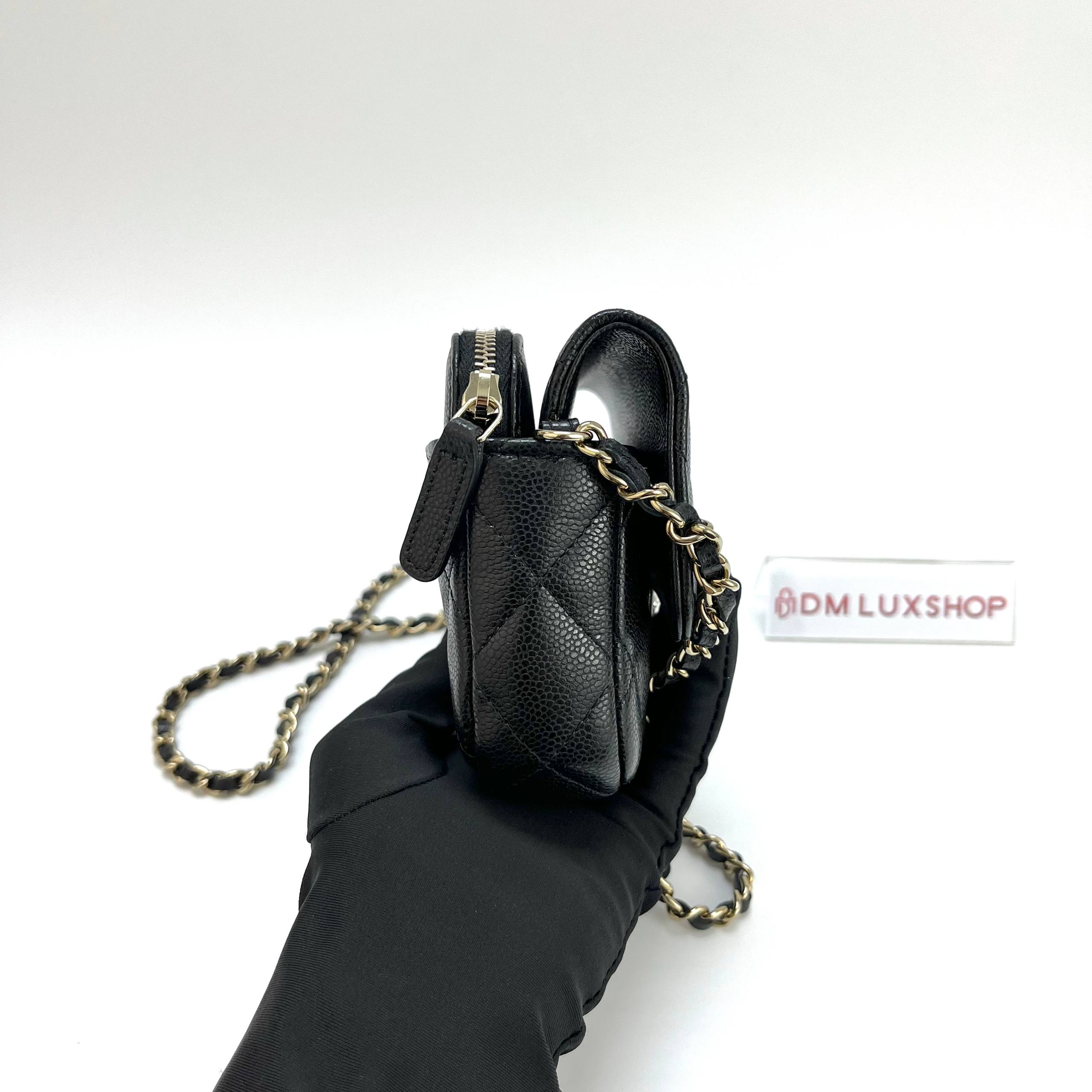 Chanel 22C Black CF Phone Holder WOC GHW (Microchip)
