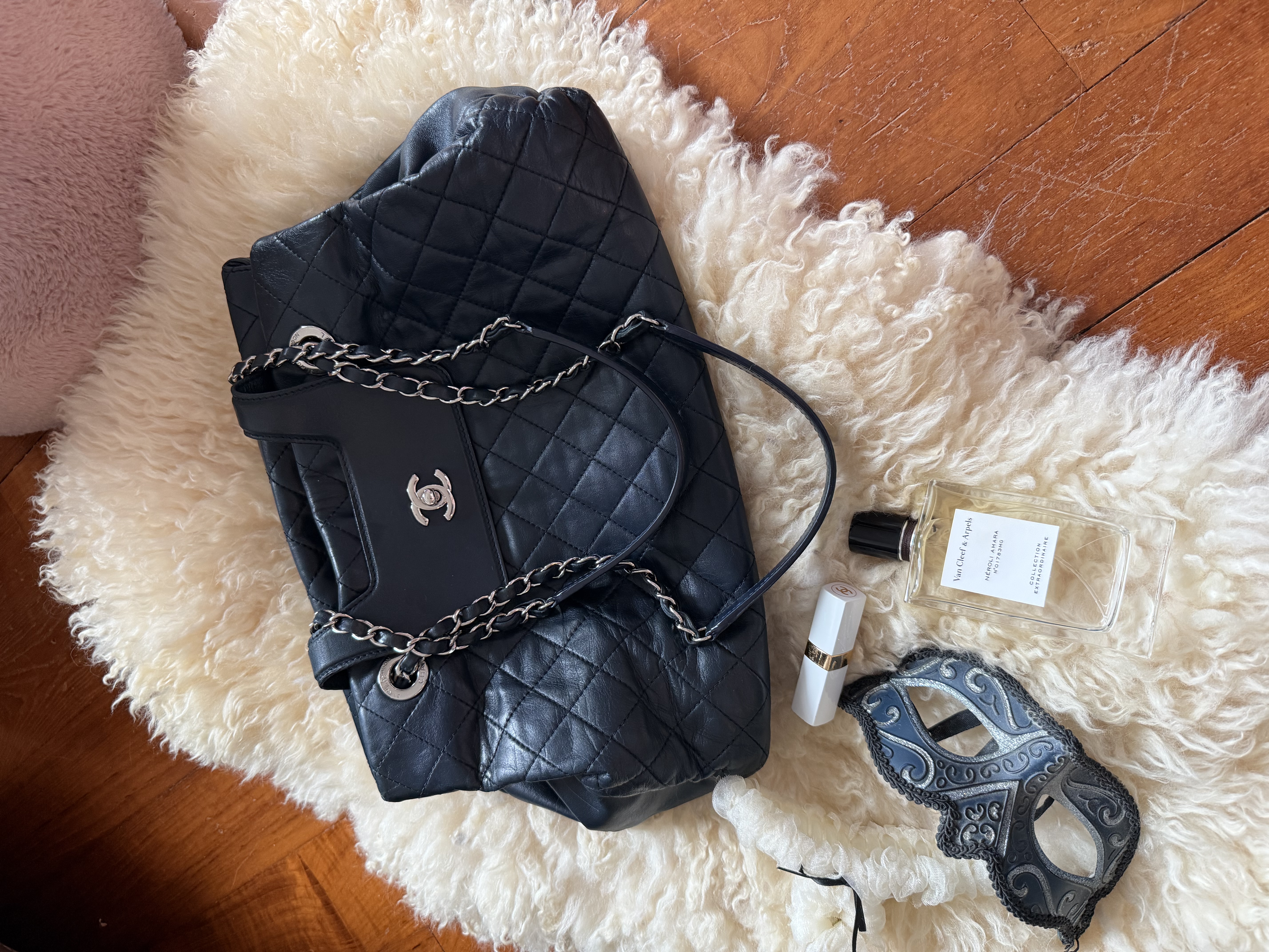 Chanel quilted matelasse navy leather chain bag