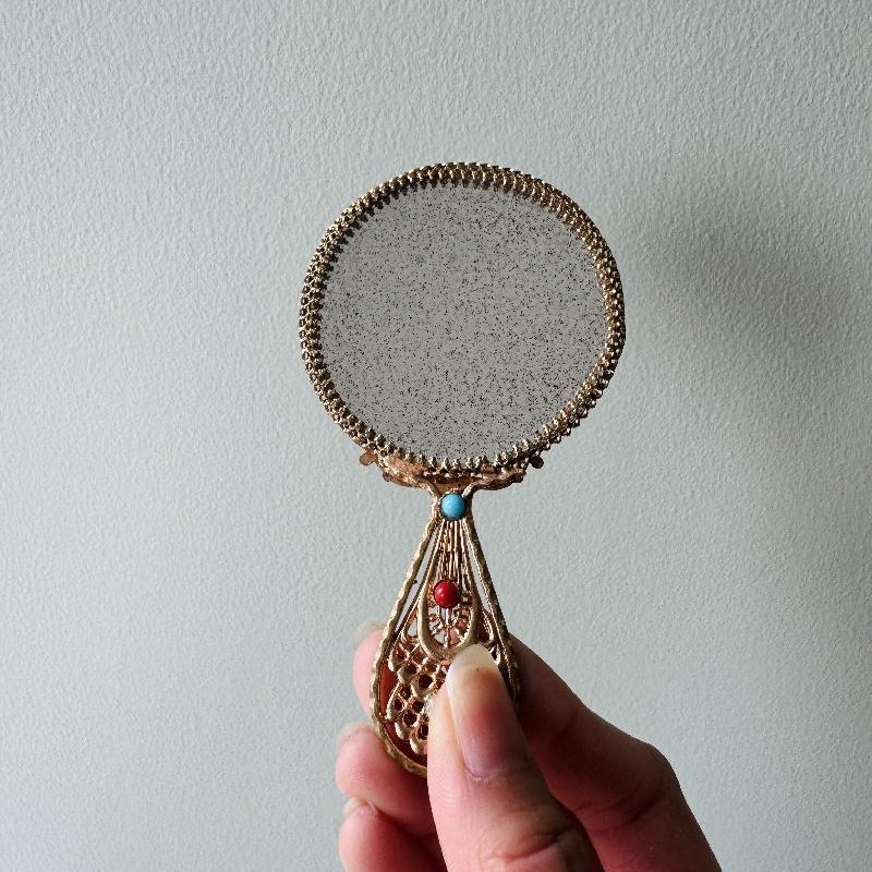 Vintage C.a. 1950s European Turquoise Glass Ornated Elegant Hand Mirror (MT2302)