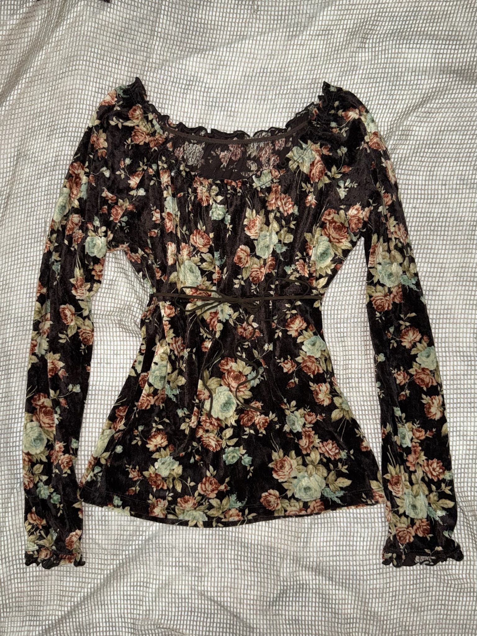 Floral Long Sleeve Mesh Blouse with Tie Waist