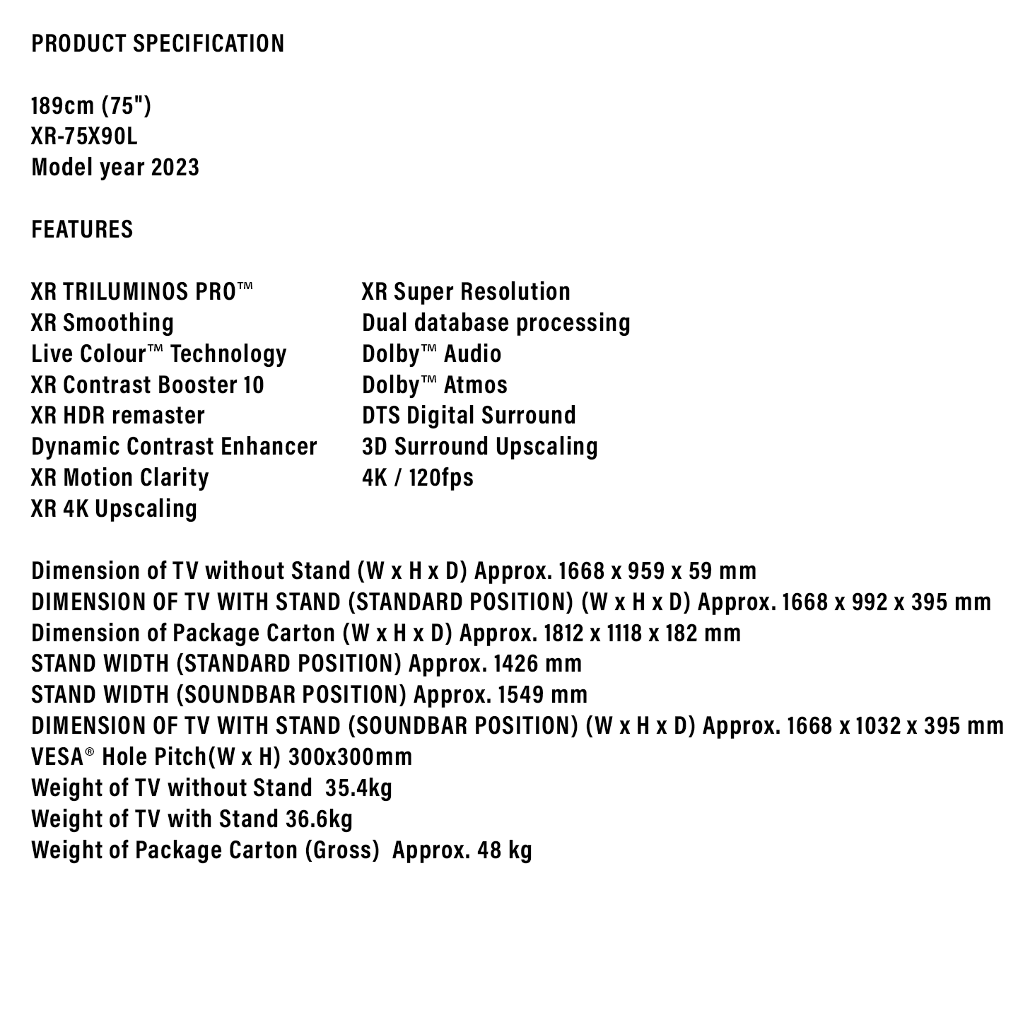 Sony 75" BRAVIA XR Full Array LED 4K Google TV (XR-75X90L)