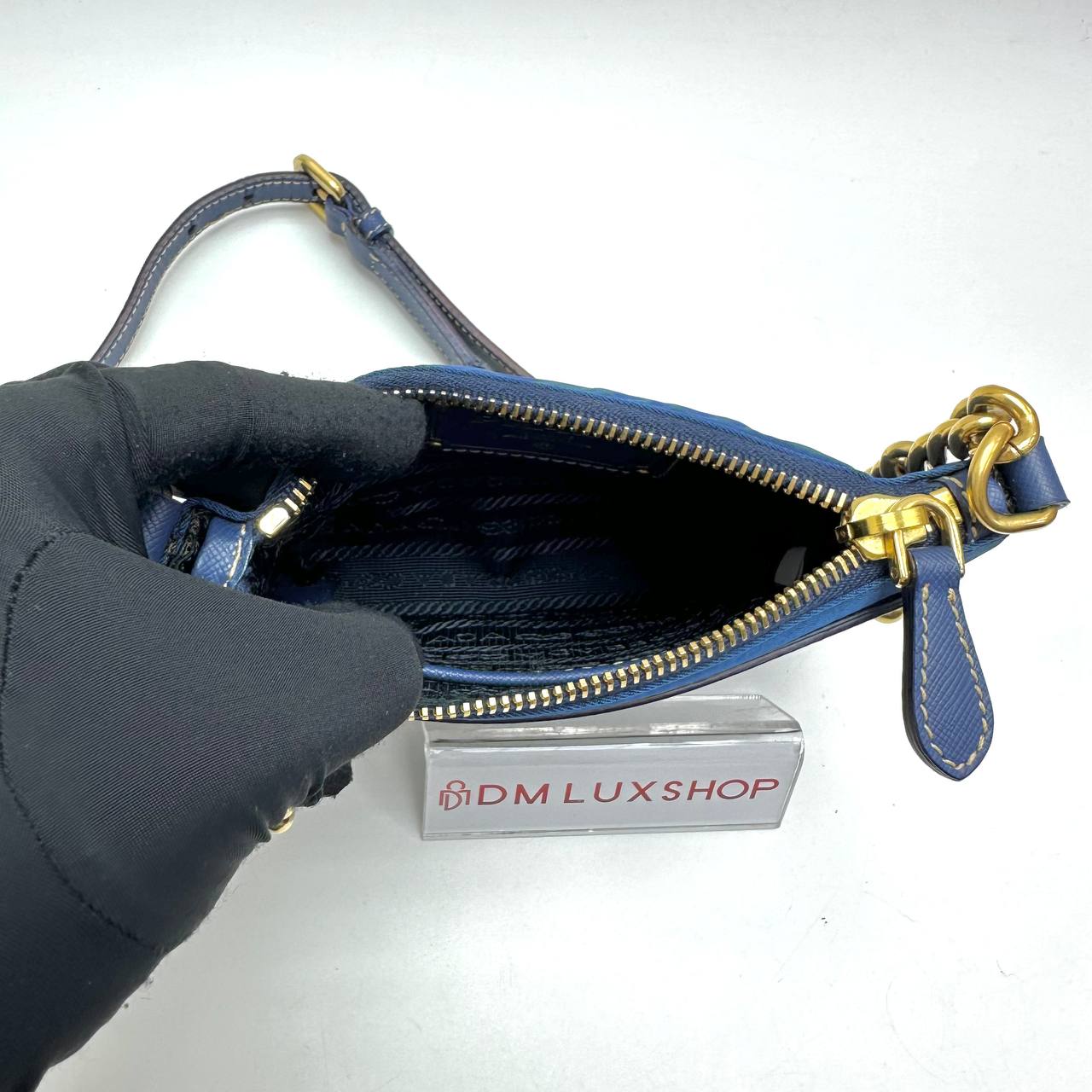 Prada Blue Tessuto Oro Pouch w/ Chain Strap GHW