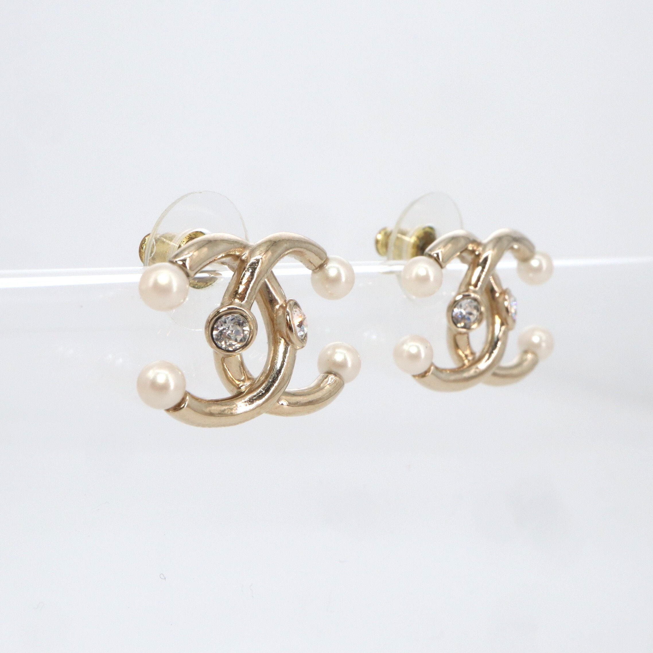 Chanel Coco Mark Rhinestone Faux Pearl Piercing Earrings