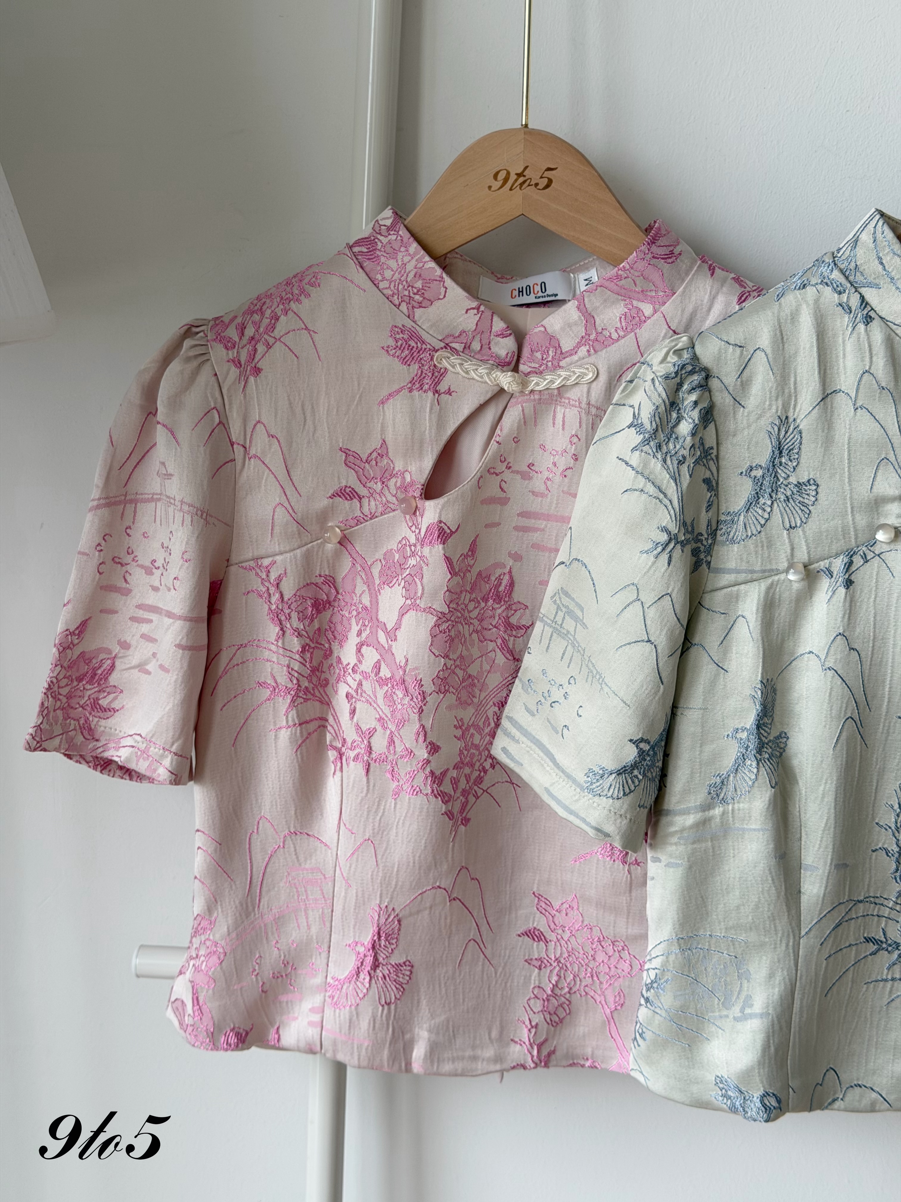 T4469 CNY Embroidery Floral Crop Top - Blue & Pink