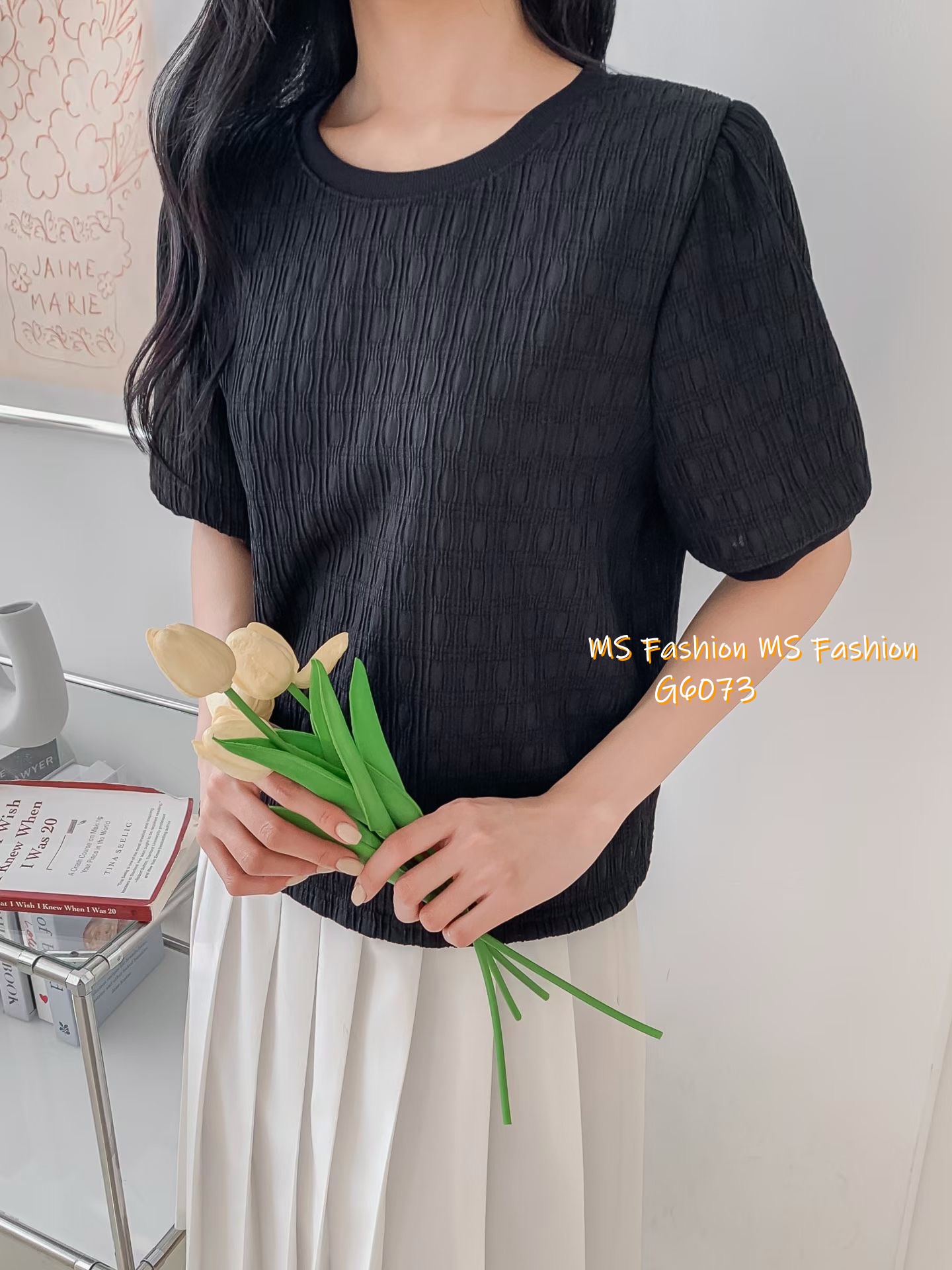 G6073 韓國🇰🇷淨色暗紋top