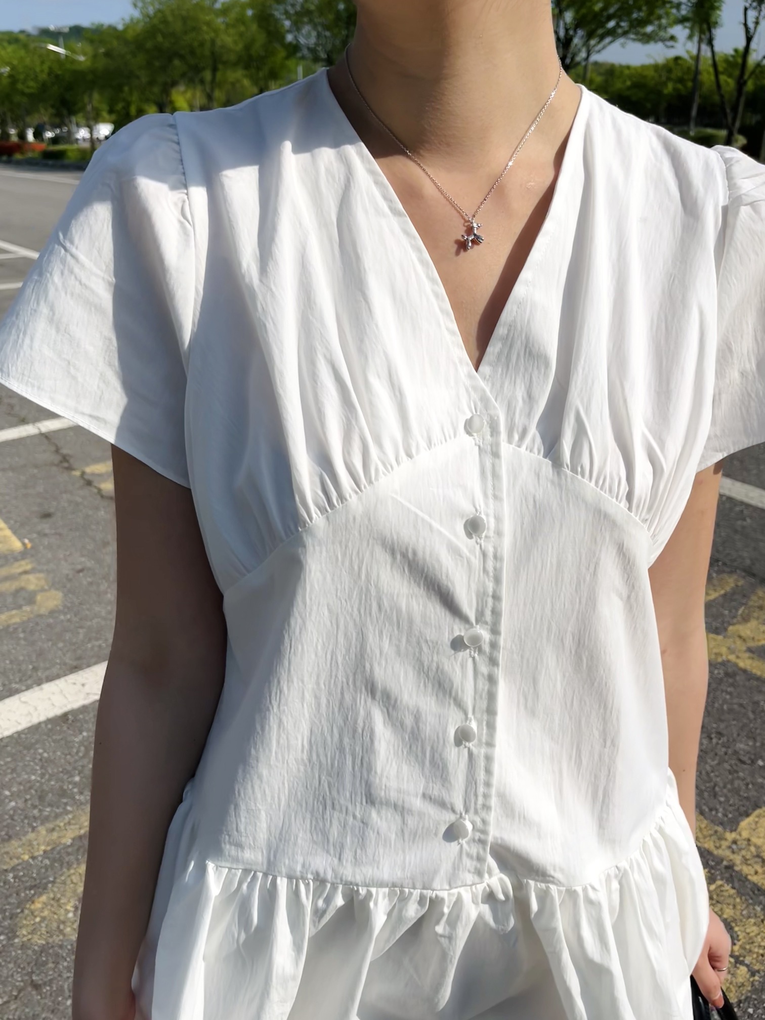 Airy Button Front Long Dress (White)