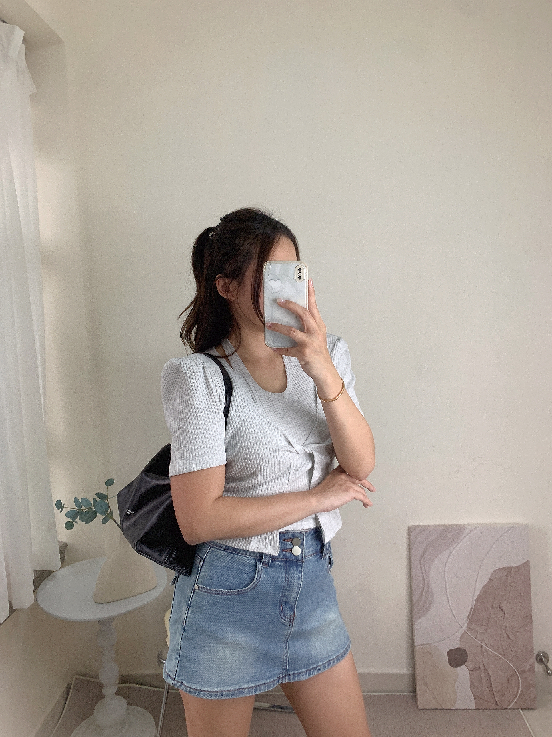 《預購》KR🇰🇷 掛頸扭結假兩件Top- 淺灰