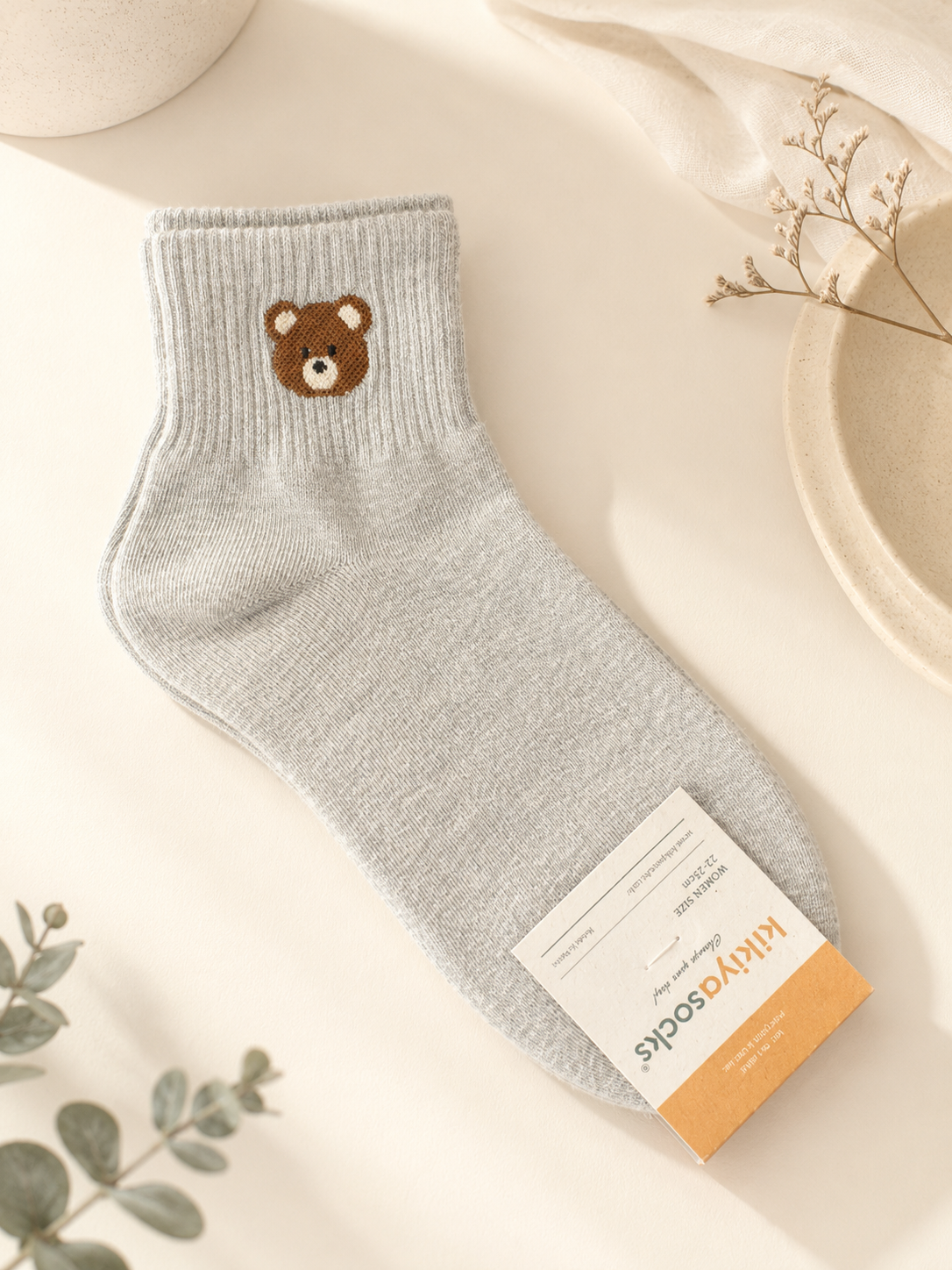 Korean Bear Embroidered Mid Socks