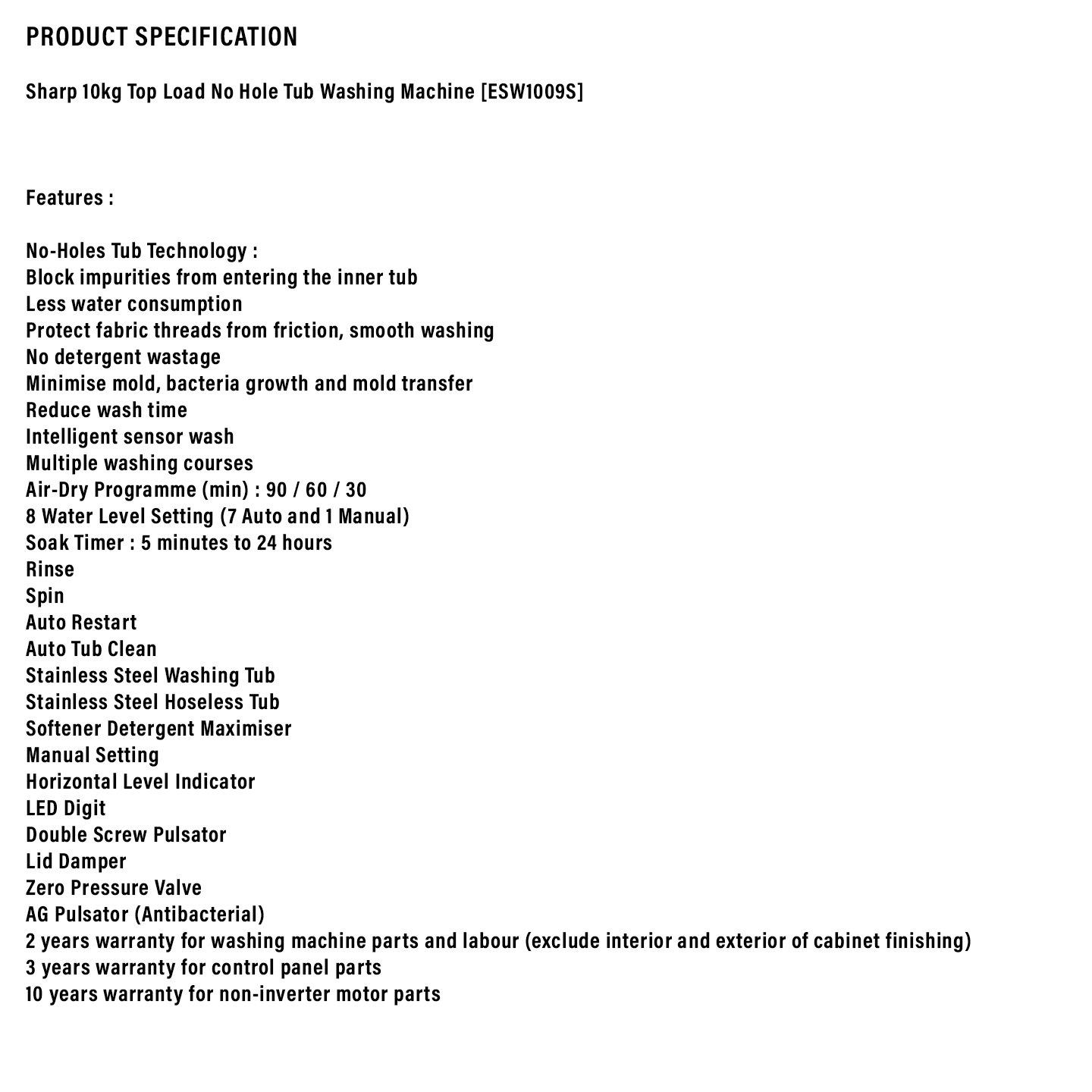 Sharp 10kg Top Load Washing Machine (ESW1009S)