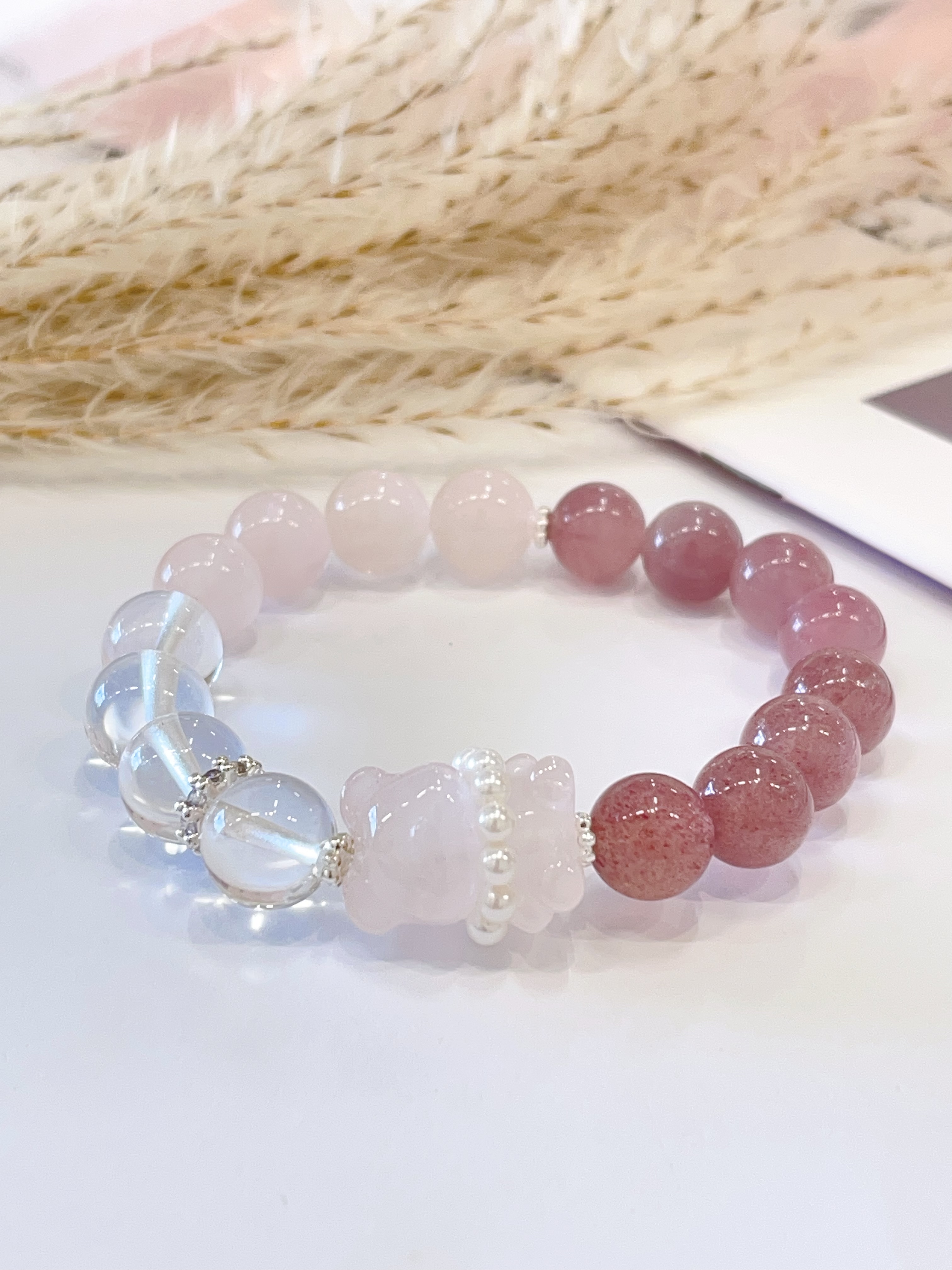 🍓 草莓晶 × 粉水晶 × 白水晶 × 粉水晶小熊手串 Strawberry Quartz, Rose Quartz, Clear Quartz & Rose Quartz Bear  | 10mm