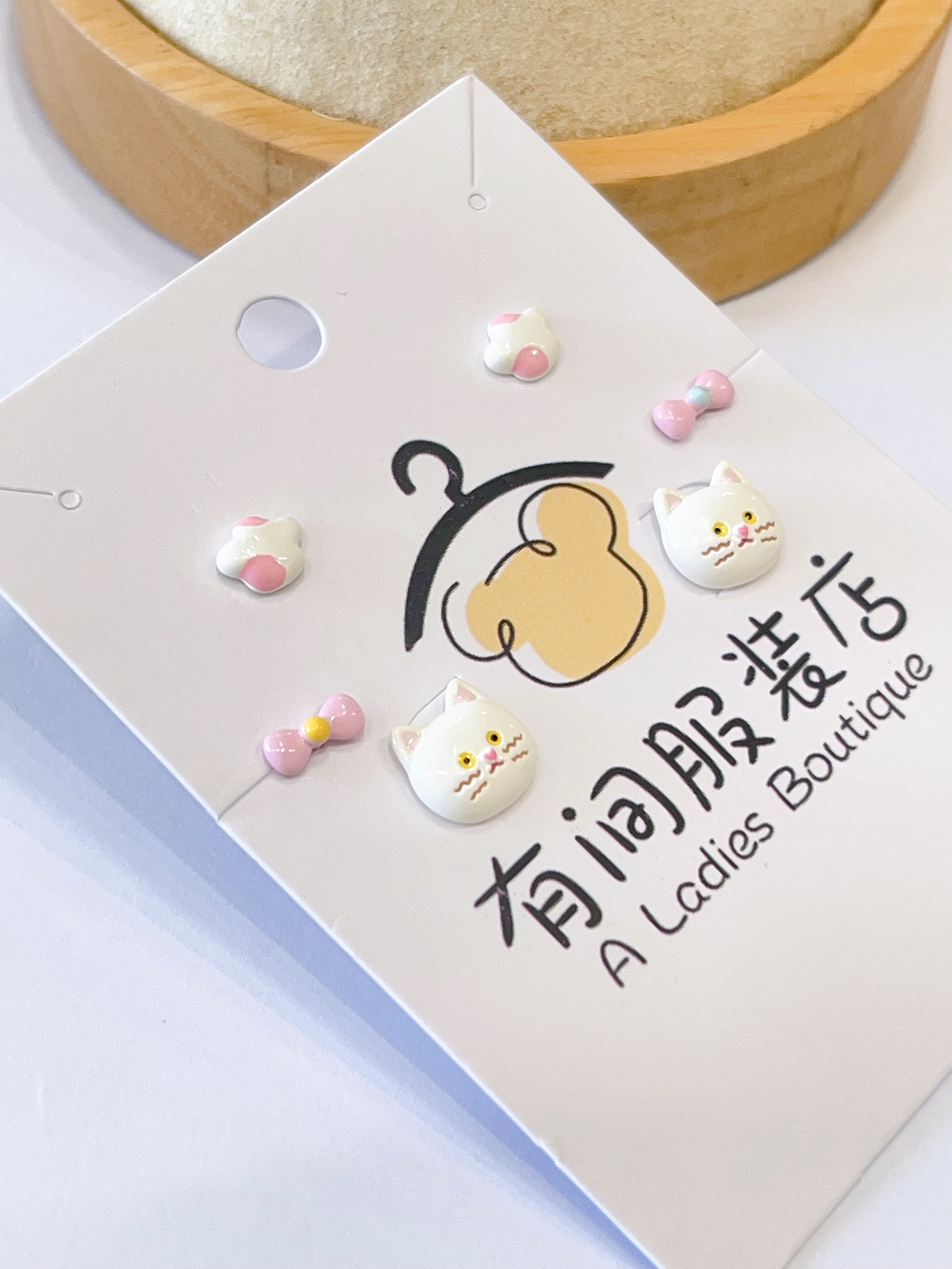 小猫粉色系蝴蝶结耳环套装