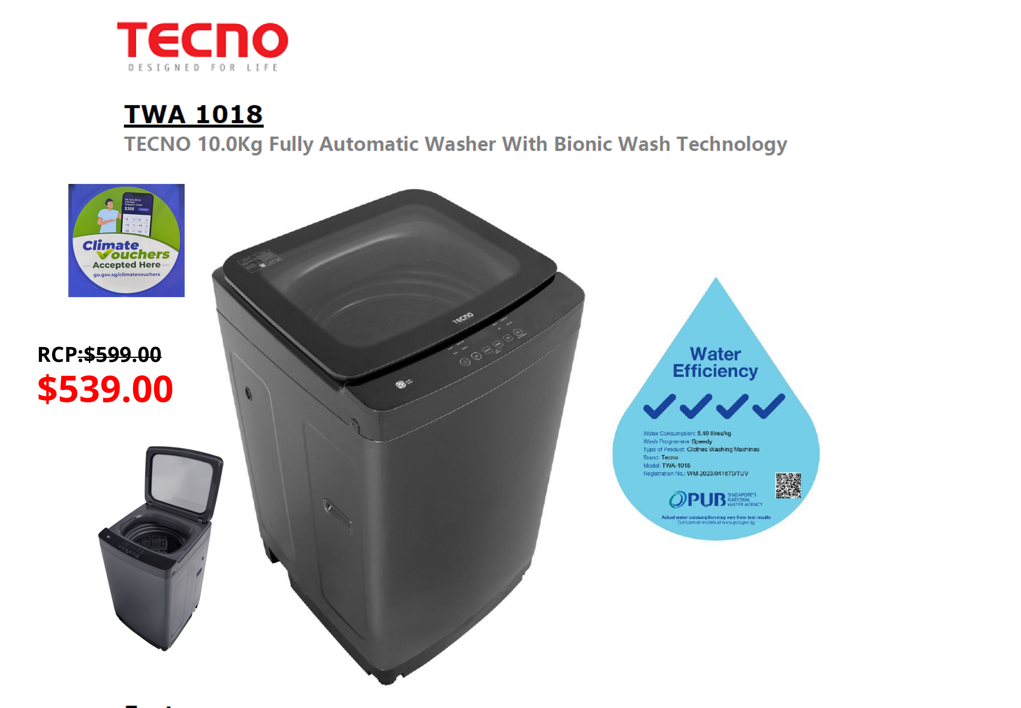 TWA 1018 Tecno 10kg Fully Automatic Fuzzy Logic Washer – 4 Ticks