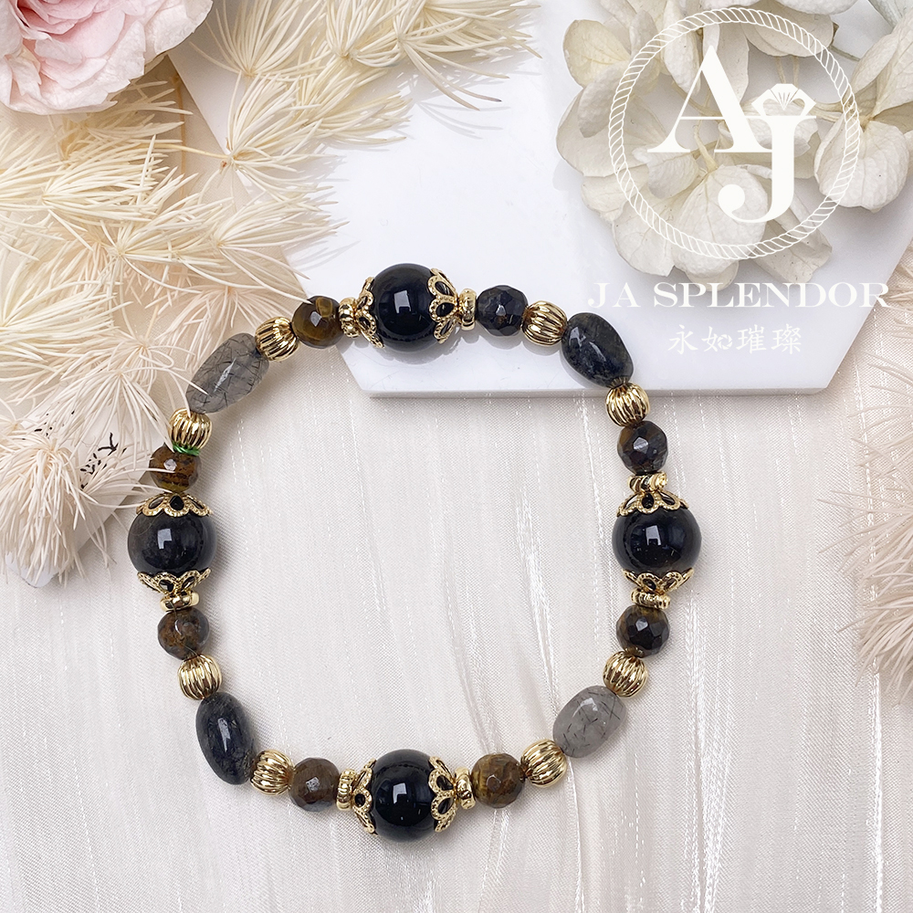 CY-03 黑髮晶銀曜黃虎眼14K包金水晶手鏈