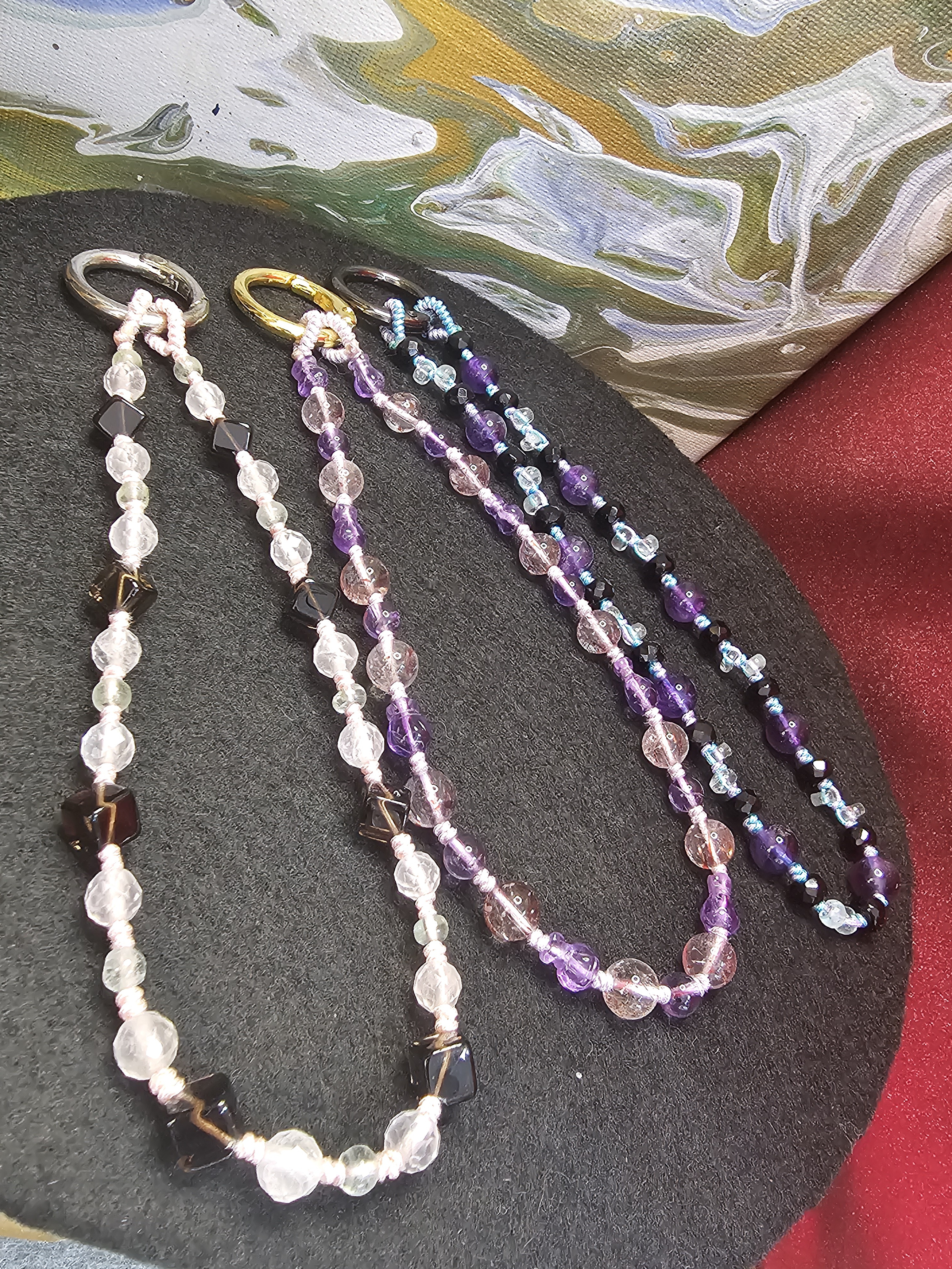 茶水晶粉紅晶海藍寶織繩電話繩