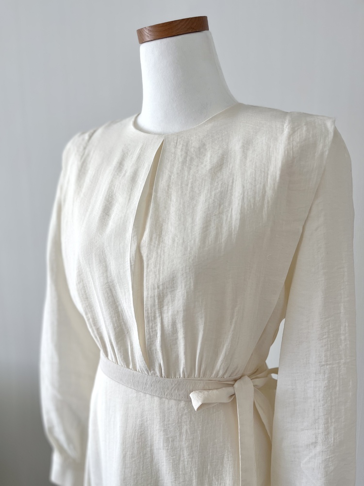 Pleated Yoke Detail Dress (Beige)