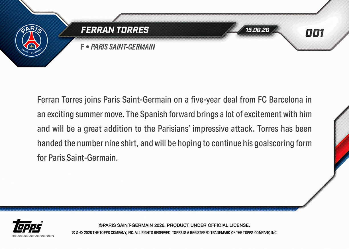 Ferran Torres - 2026-27 PSG Topps NOW® #1 加盟紀念卡【團購】