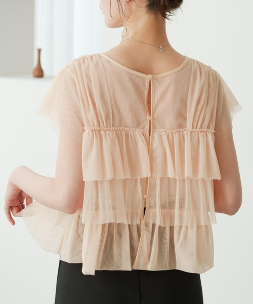 薄紗荷葉邊法式袖上衣【JT037】