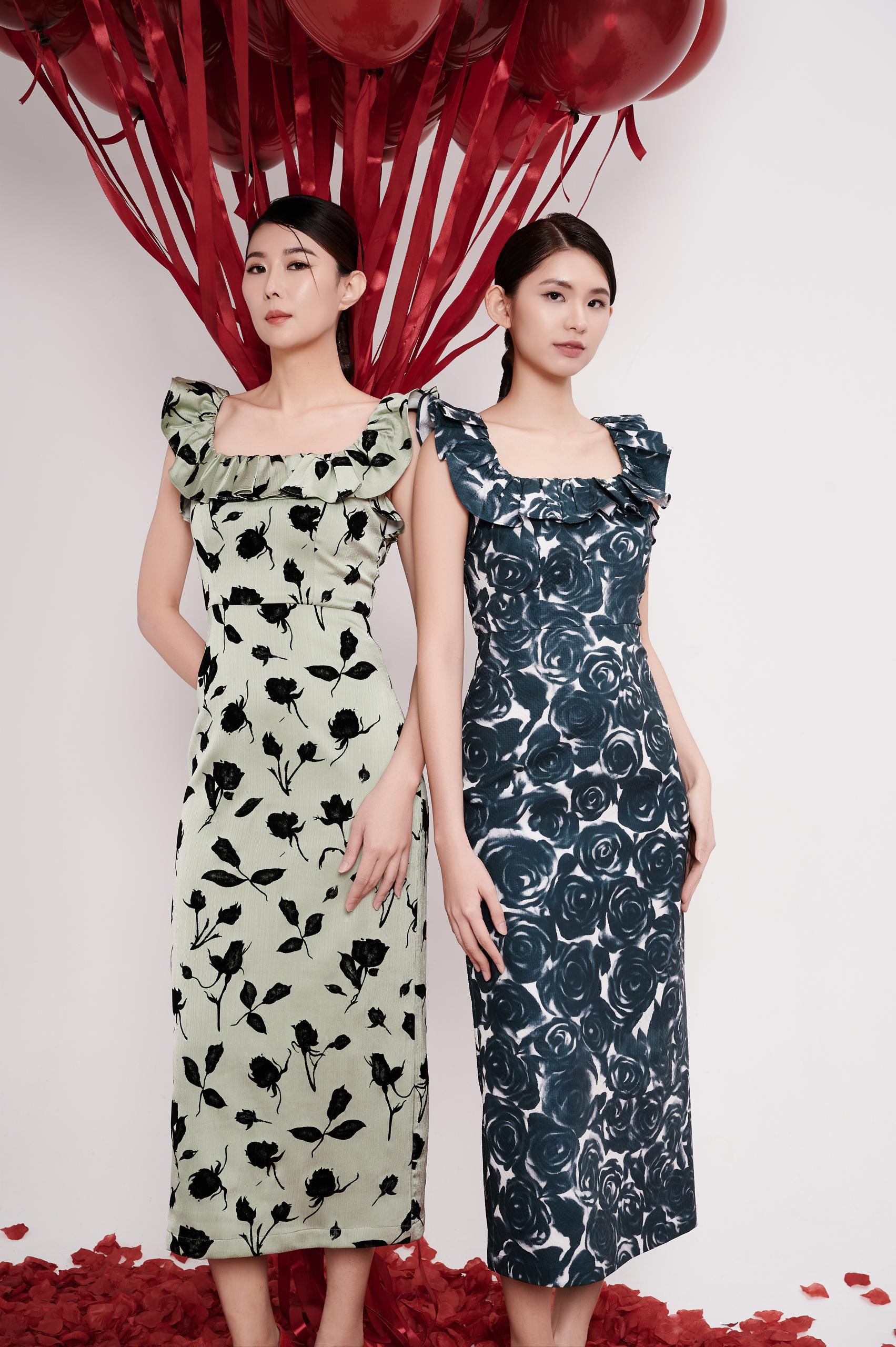 花卉印花方领连身裙  2138