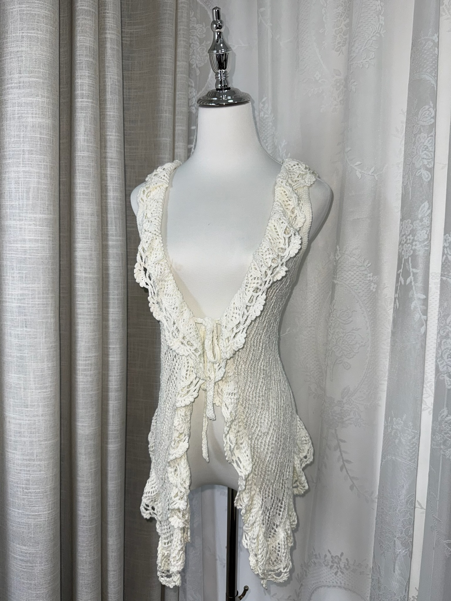 Boho Crochet Lace Ruffle Tie-Front Vest