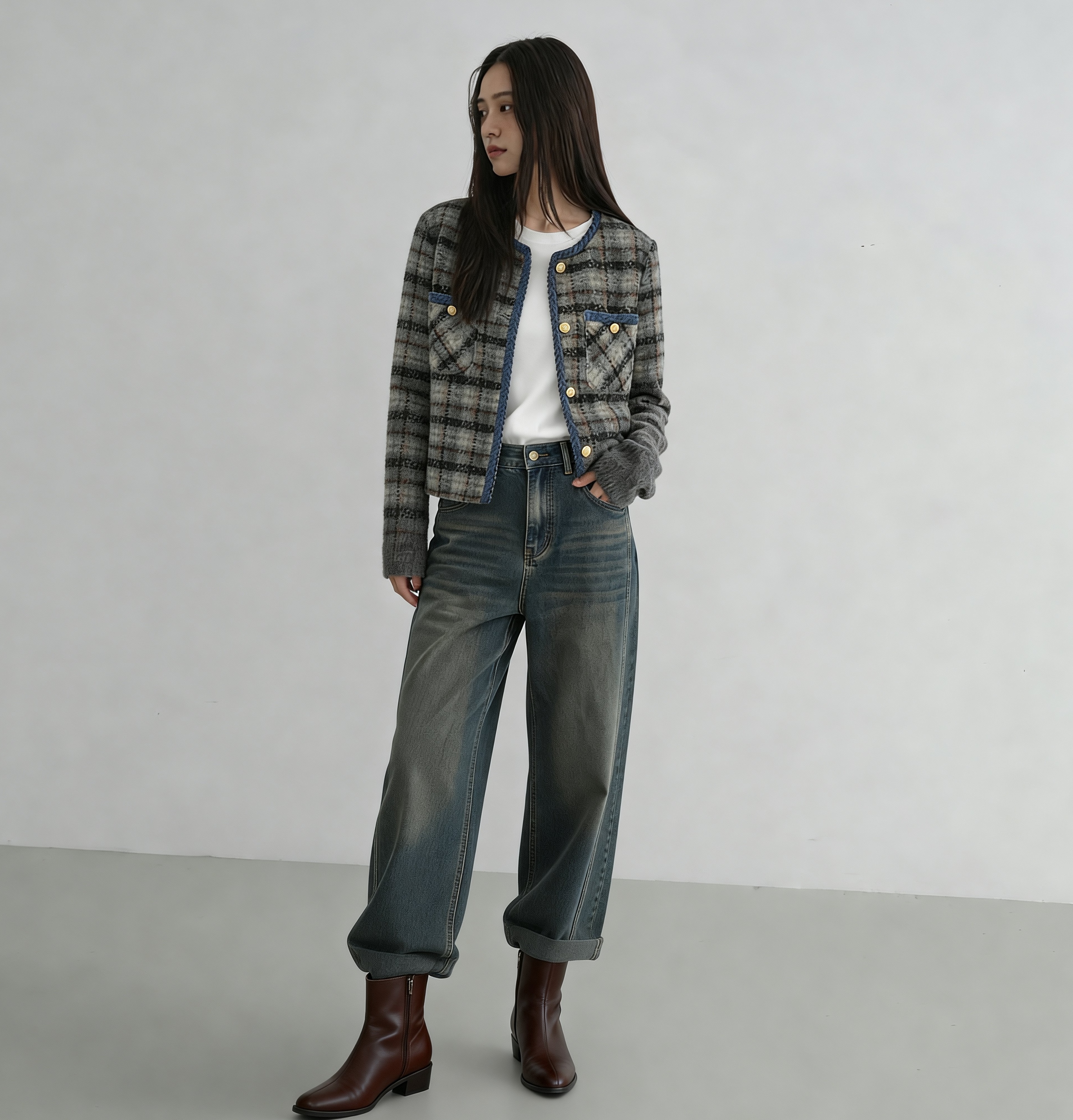 格紋粗花呢滾邊短款外套