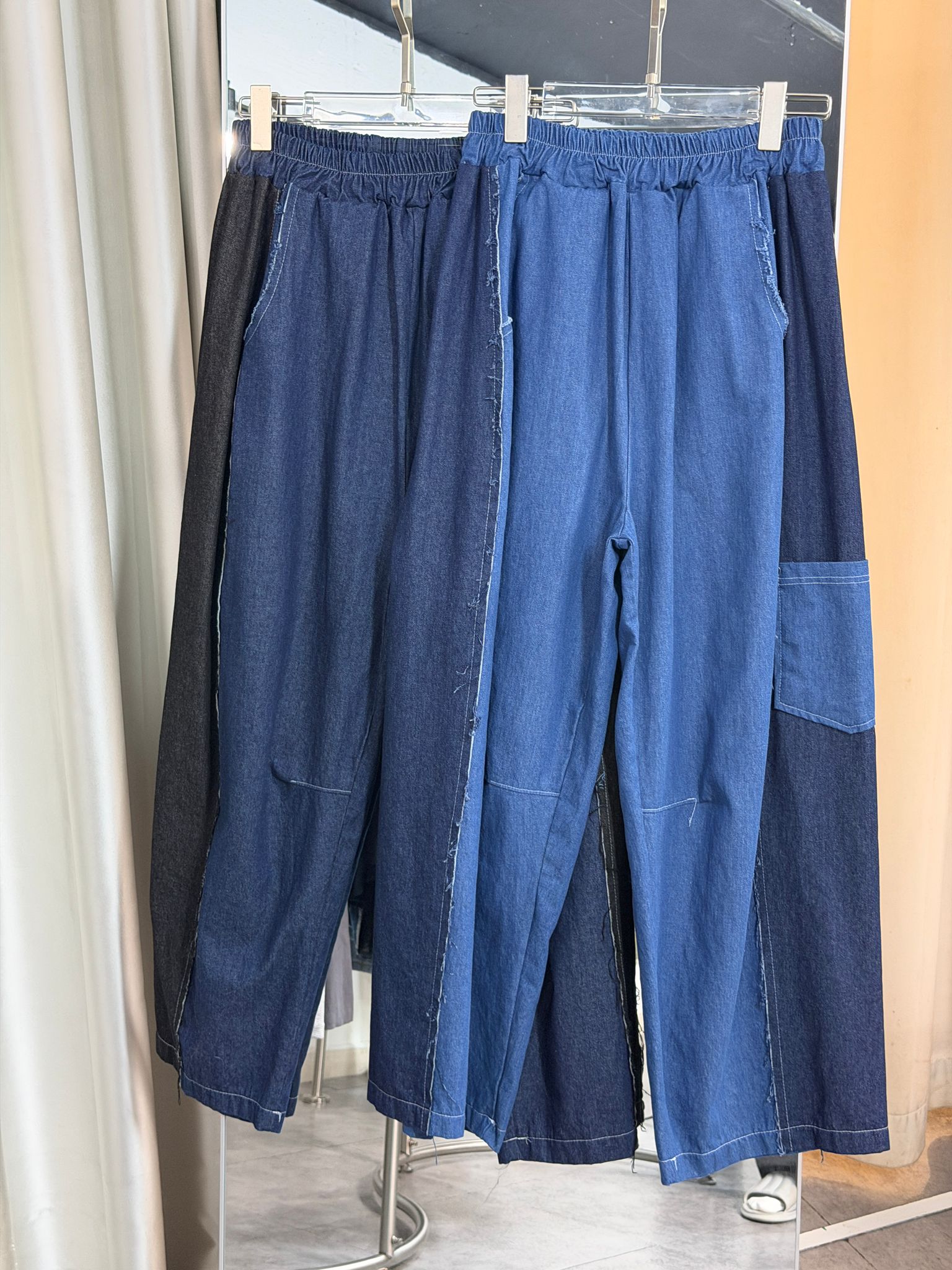 撞色拼接寬鬆牛仔褲