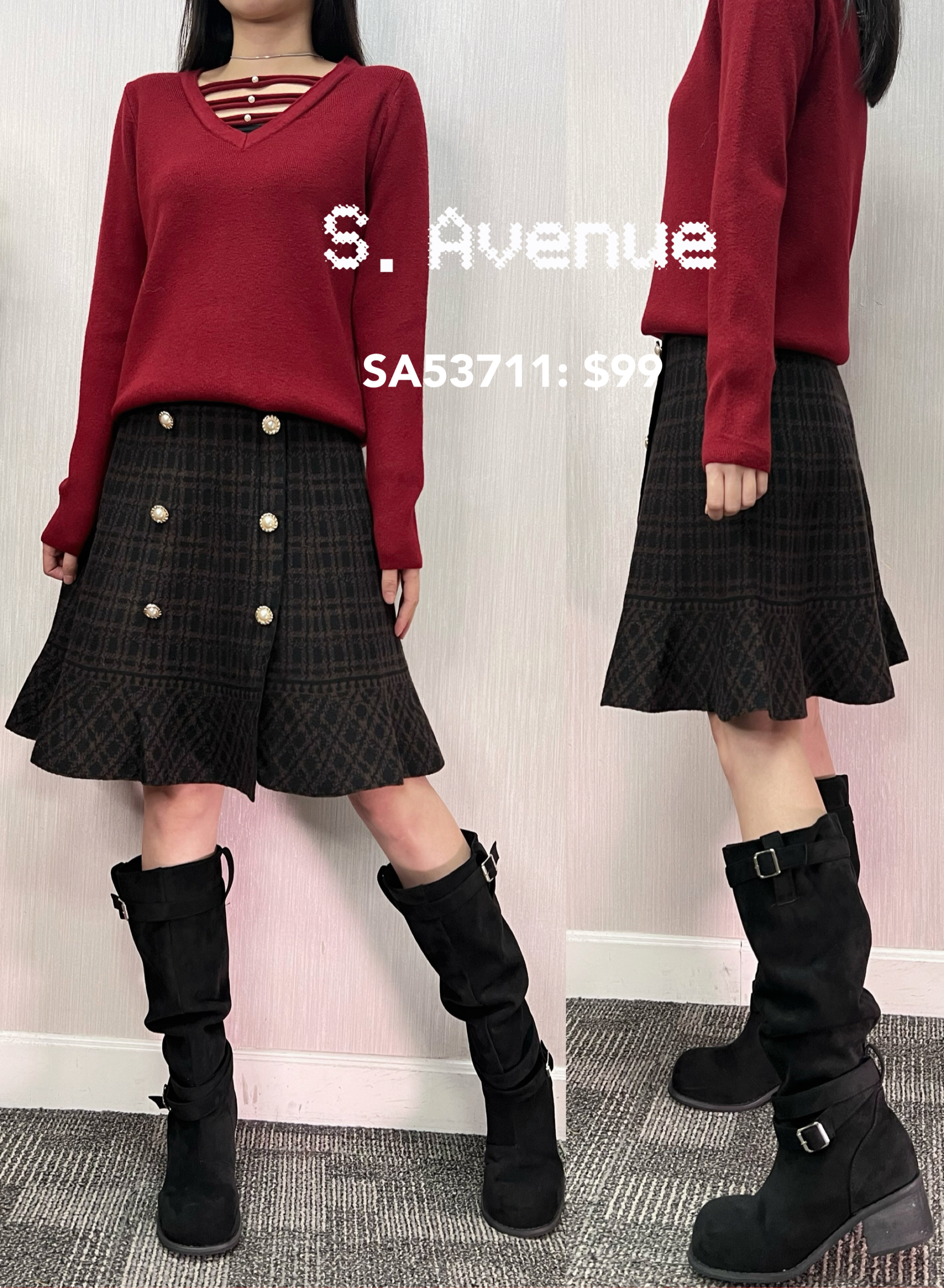 SA53711: 橡筋腰兩排鈕格仔針織魚尾裙