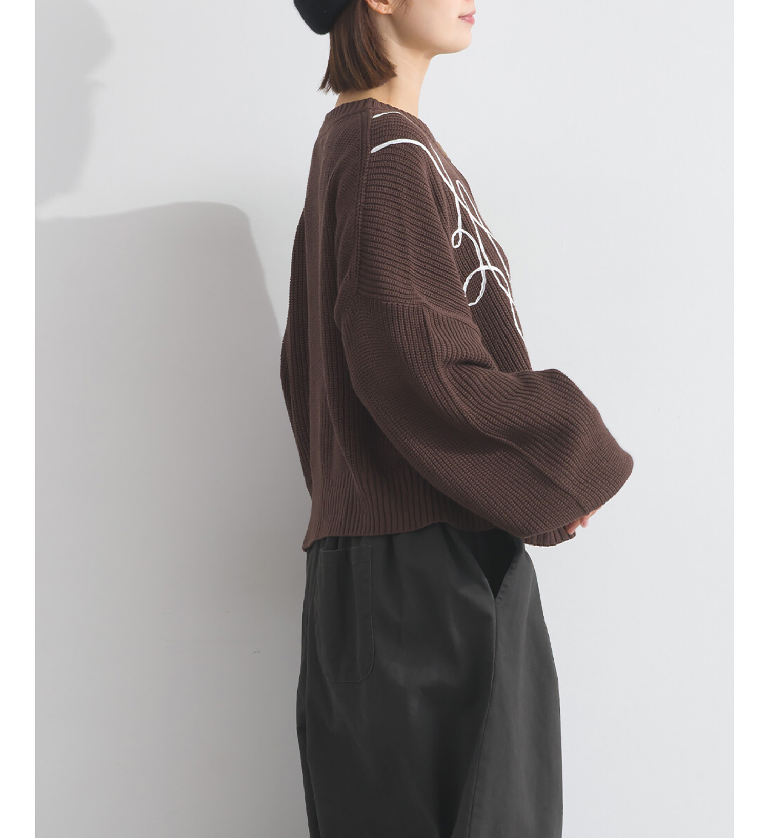 LP - 絲帶織紋開襟毛衣 (咖啡色)