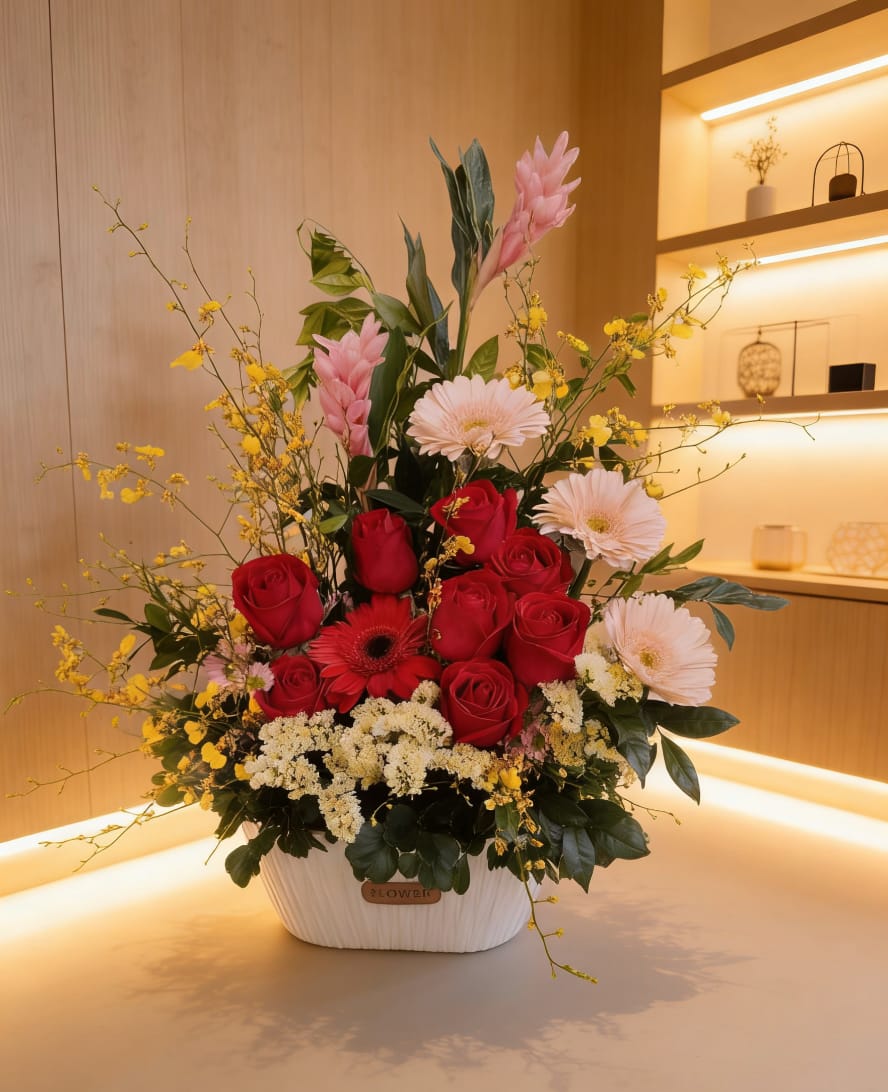 Elegant Floral Arrangement with Roses and Gerbera Daisies
