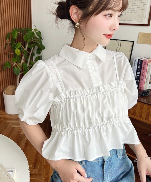 荷葉邊抹胸短袖襯衫上衣【JT036】