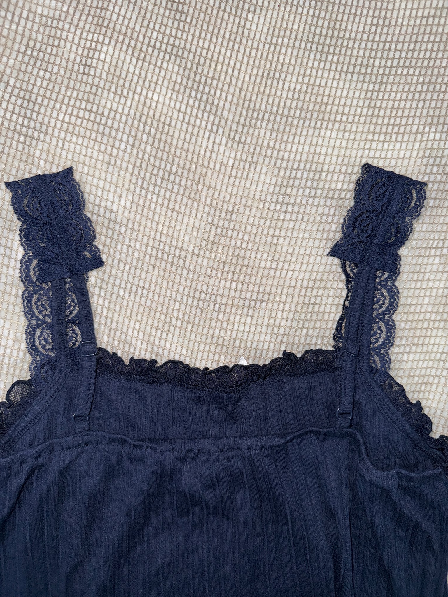 Axes Navy Blue Ribbed Tank with Pearl-Detail Lace