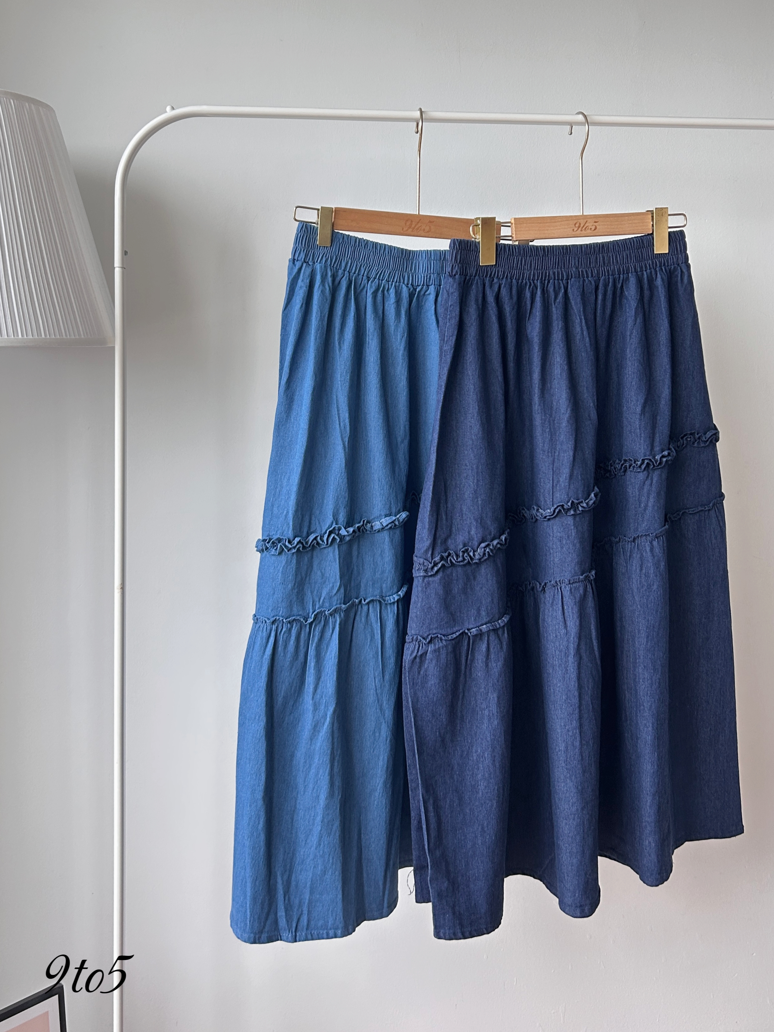 S2051 A Line Denim Skirt - Dark Blue & Light Blue