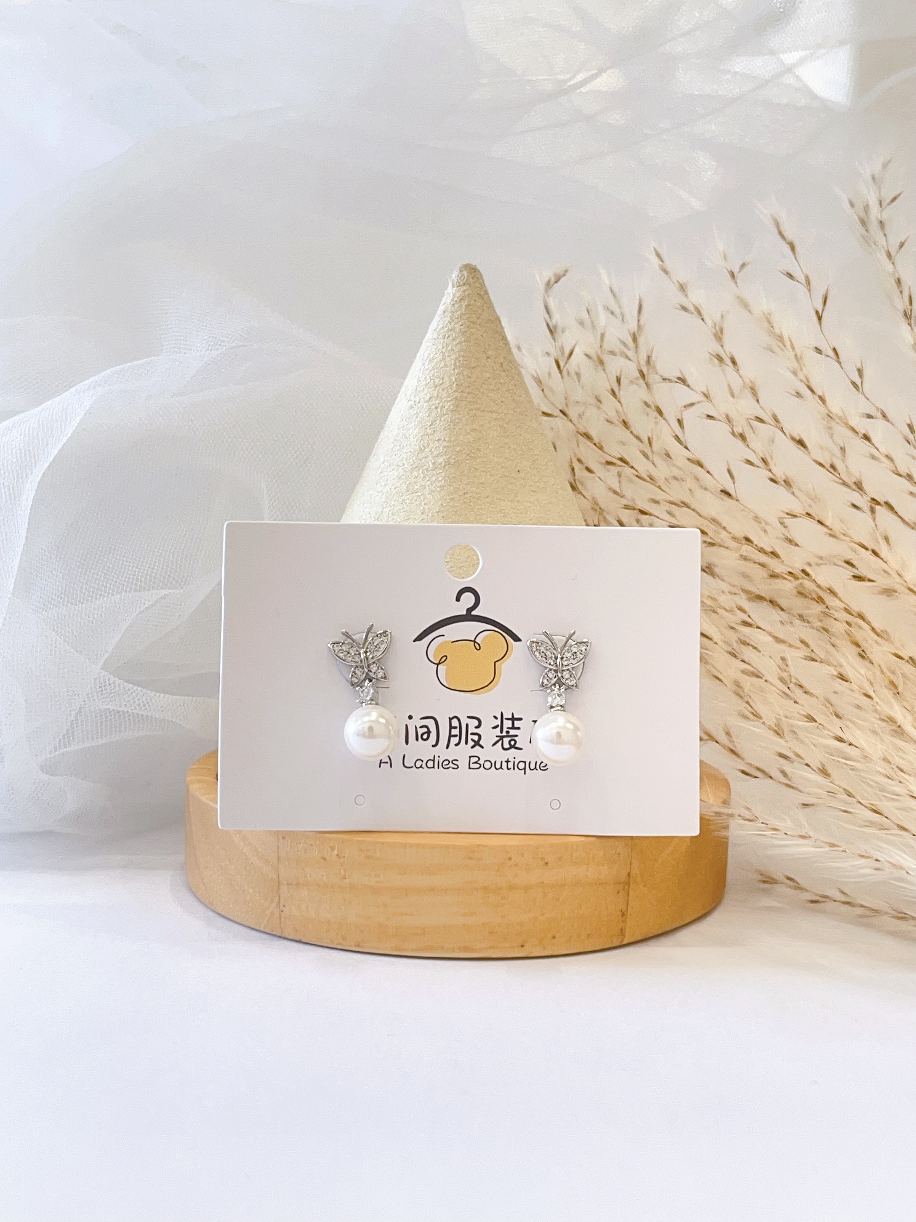 满钻蝴蝶珍珠耳坠耳环