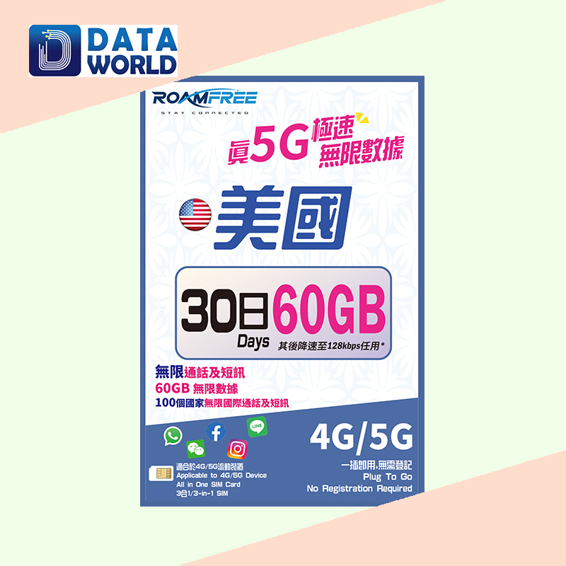 Roamfree X Lyca Mobile 4G/5G 美國30日60GB無限數據卡