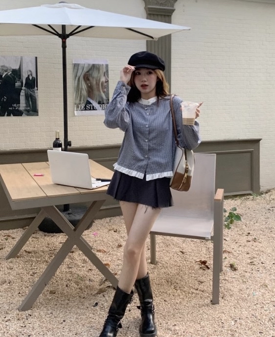 撞色气质韩系条纹衬衫