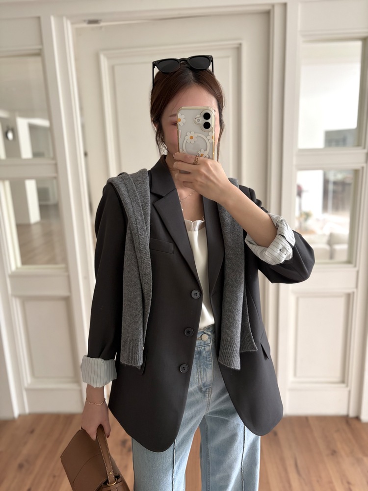 Margot Blazer with Striped Cuffs (Charcoal)