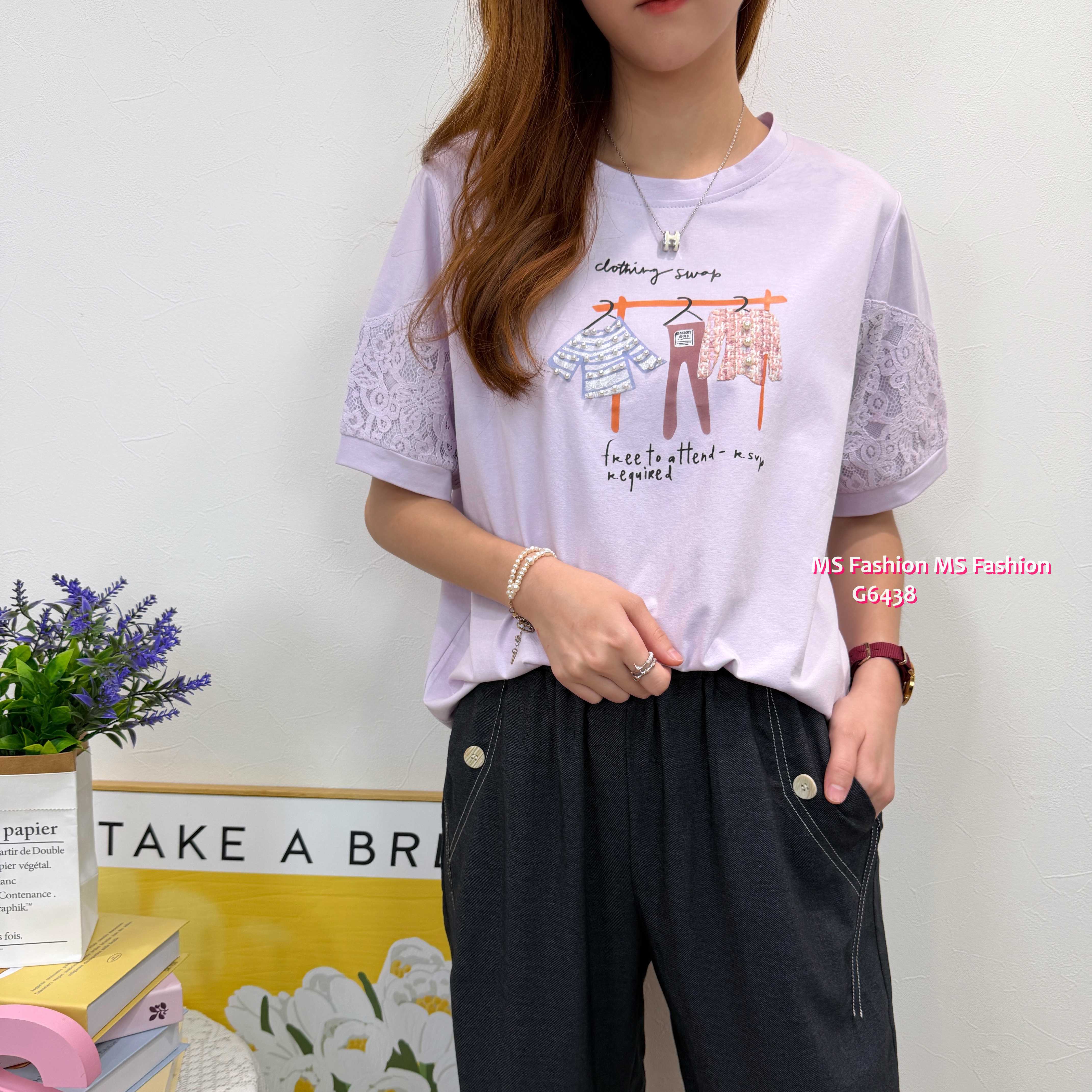 G6438 靚print lace袖top
