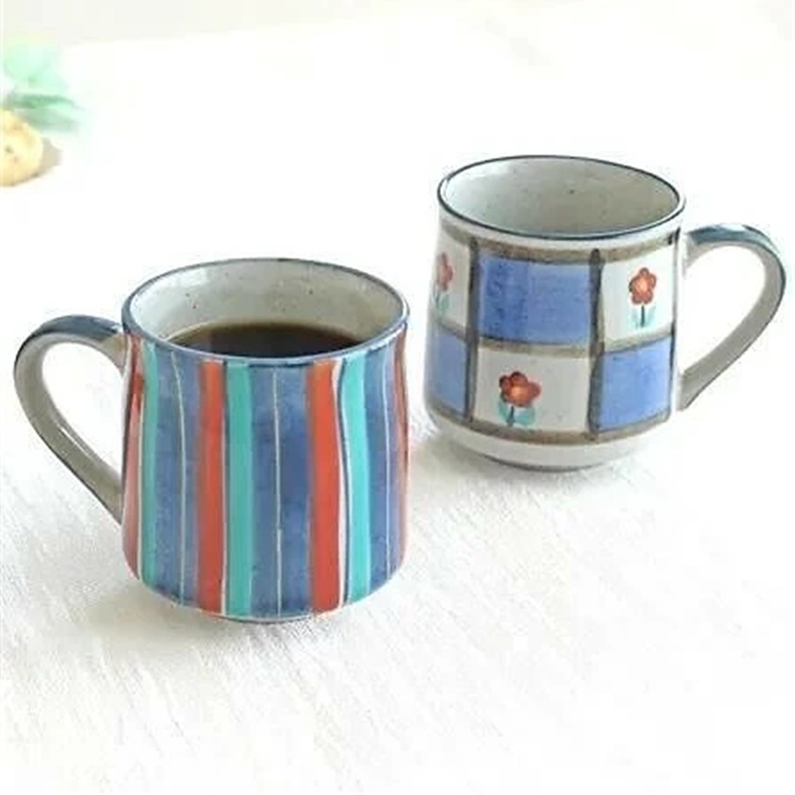 【日本製】美濃燒陶瓷條子小花駌鴦馬克杯套裝 (290ml @)