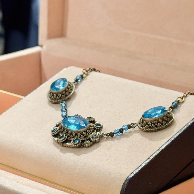 Antique Czechoslovakian 1920s Or Earlier Hand Bezel Set Blue Glass Filigree Necklace (C003)