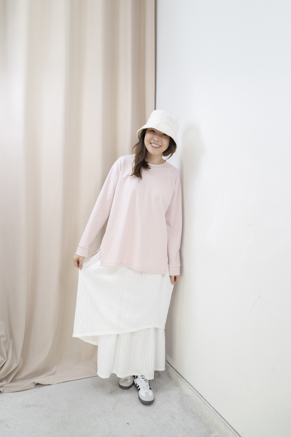 後背工字褶挺棉上衣（粉紅色）