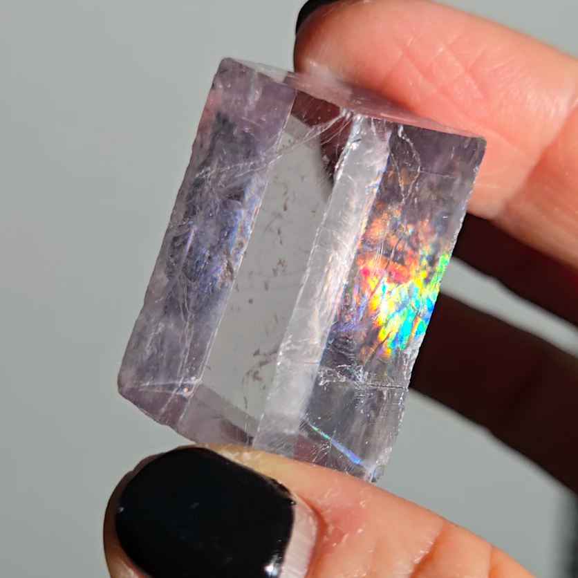 Purple calcite cube with rainbows - PC10