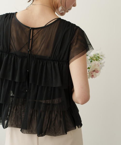 薄紗荷葉邊法式袖上衣【JT037】