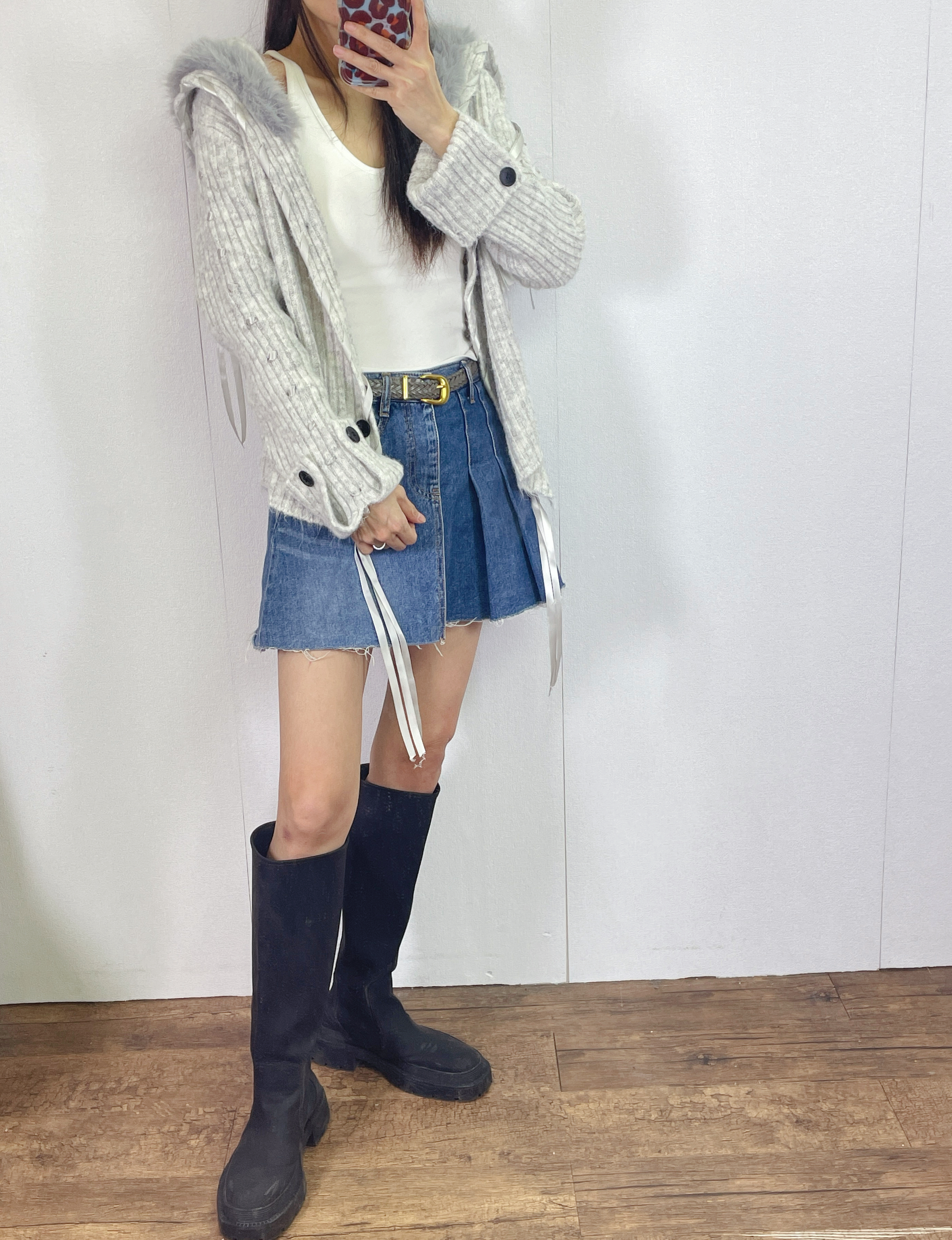 K5531 毛毛領拼絲帶針織外套