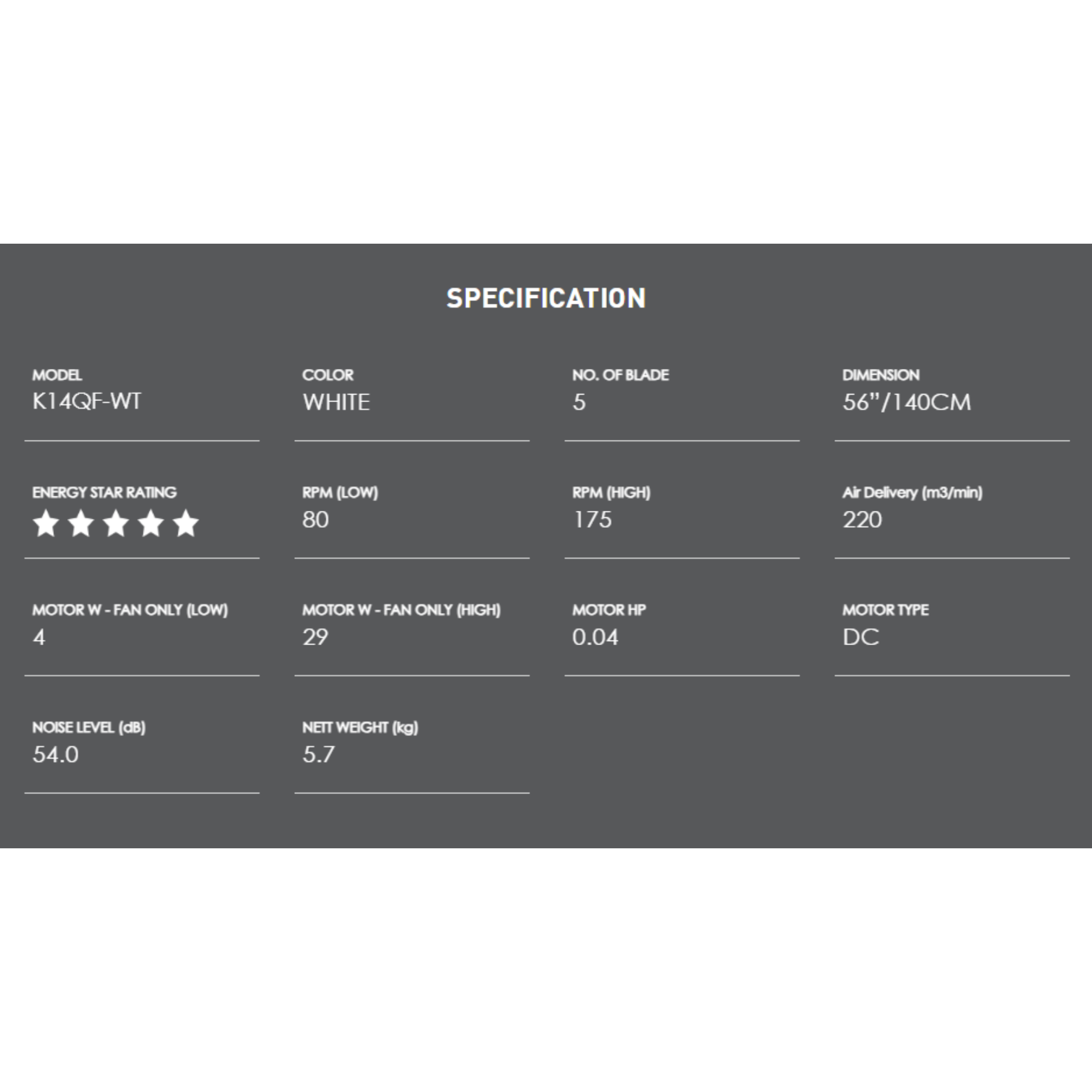 KDK 56" Ceiling Fan 5-Blade White (K14QF-WT)