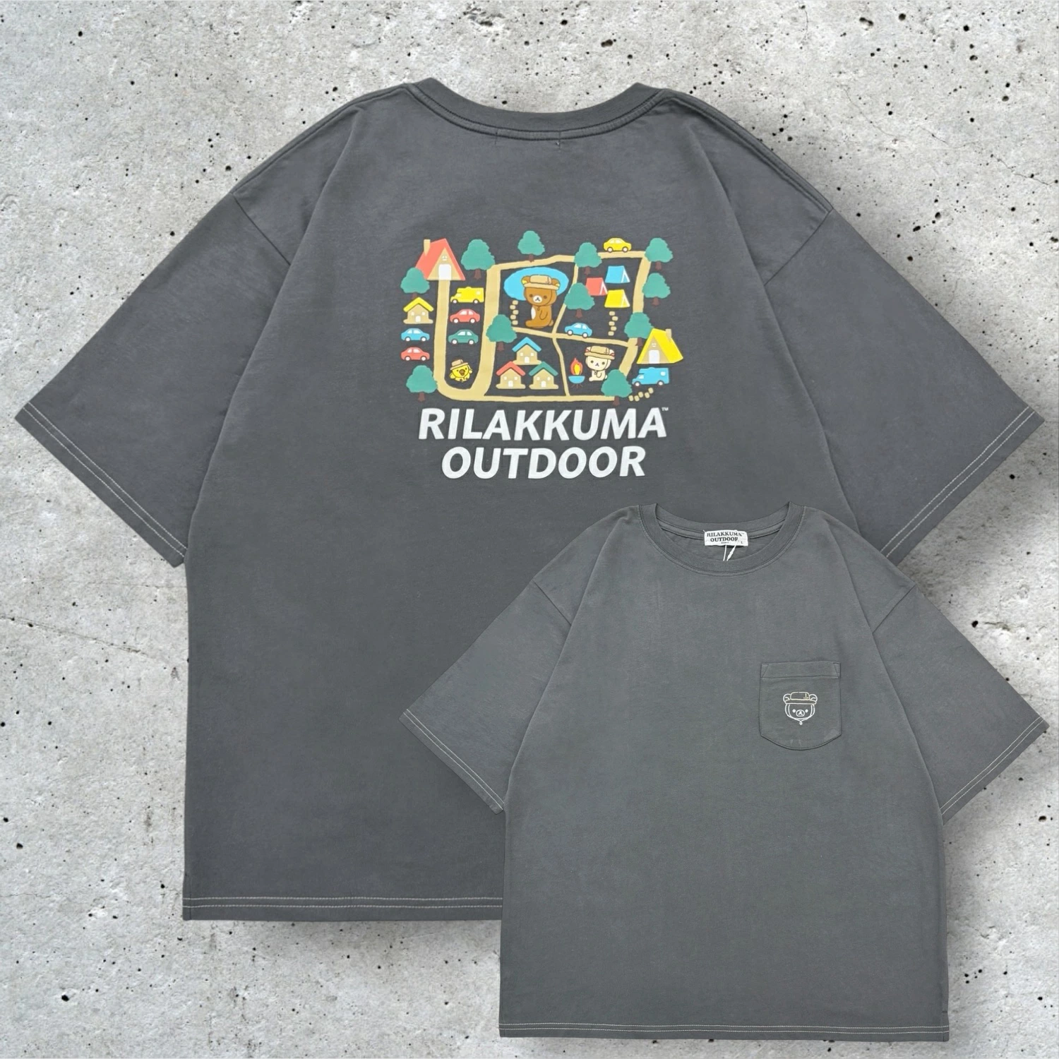 日本版 Rilakkuma Outdoor 戶外系列 刺繡口袋 Oversize 背面印花短袖T恤（男女適用）