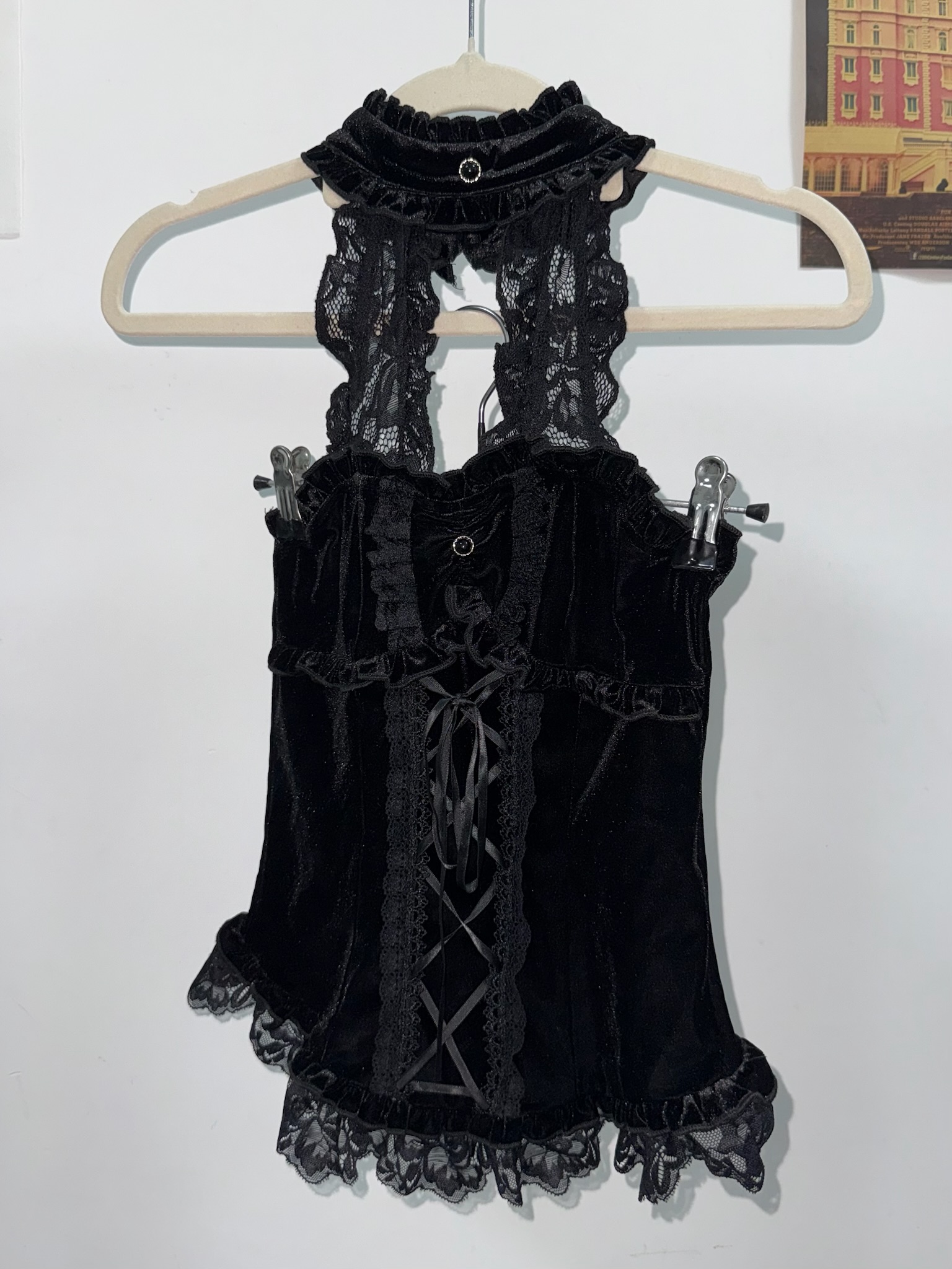 Romwe Gothic Velvet Halter Top with Lace Corset Detailing