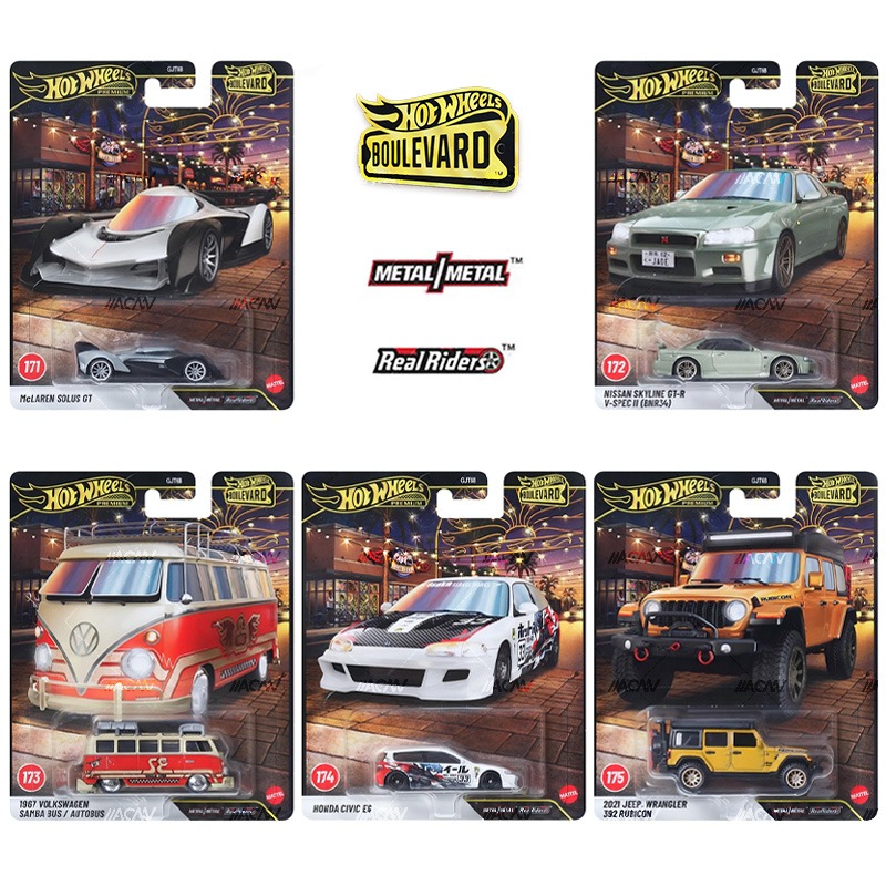 【預訂 Pre-Order】 Hot Wheels Premium Boulevard of 2027 Mix 2 #171-175 Set of 5: McLaren Solus GT / Nissan Skyline GT-R V-Spec II (BNR34) / Volkswagen Samba Bus / Honda Civic EG / 2021 Jeep Wrangler 392 Rubicon