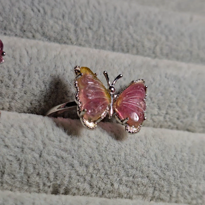 Candy tourmaline butterfly ring, adjustable sterling silver (B) - TR279