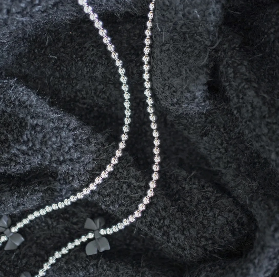 Long Phone Strap Set｜Silver Beads with Black Ribbon